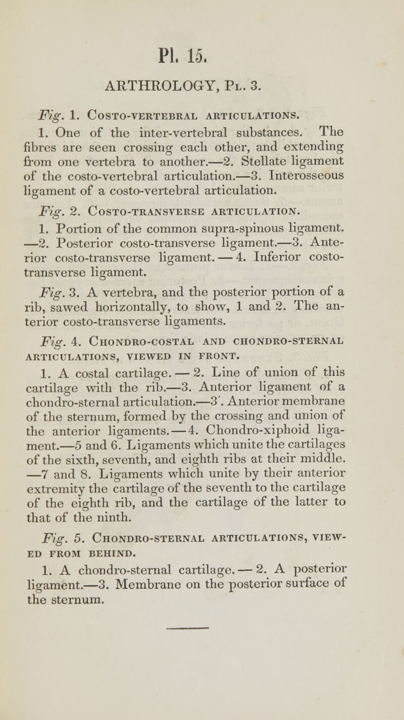 ARTHROLOGY, Pl. 3. Fig. 1. Costovertebral articulations. 1. One of the inter-vertebral substances. The fibres are seen crossing each other, and extending from one vertebra to another.—2. Stellate ligament of the costo-vertebral articulation.—3. Interosseous ligament of a costo-vertebral articulation. Fig. 2. COSTO-TRANSVERSE ARTICULATION. 1. Portion of the common supra-spinous ligament. —2. Posterior costotransverse ligament.—3. Ante- rior costo-transverse ligament. — 4. Inferior costo- transverse ligament. Fig. 3. A vertebra, and the posterior portion of a rib, sawed horizontally, to show, 1 and 2. The an- terior costo-transverse ligaments. Fig. 4. Chondro-costal and chondro-sternal ARTICULATIONS, VIEWED IN FRONT. 1. A costal cartilage. — 2. Line of union of this cartilage with the rib.—3. Anterior ligament of a chondro-sternal articulation.—3'. Anterior membrane of the sternum, formed by the crossing and union of the anterior ligaments. — 4. Chondro-xiphoid liga- ment.—5 and 6. Ligaments which unite the cartilages of the sixth, seventh, and eighth ribs at their middle. —7 and 8. Ligaments which unite by their anterior extremity the cartilage of the seventh to the cartilage of the eighth rib, and the cartilage of the latter to that of the ninth. Fig. 5. Chondro-sternal articulations, view- ed FROM BEHIND. 1. A chondro-sternal cartilage. — 2. A posterior ligament.—3. Membrane on the posterior surface of the sternum.