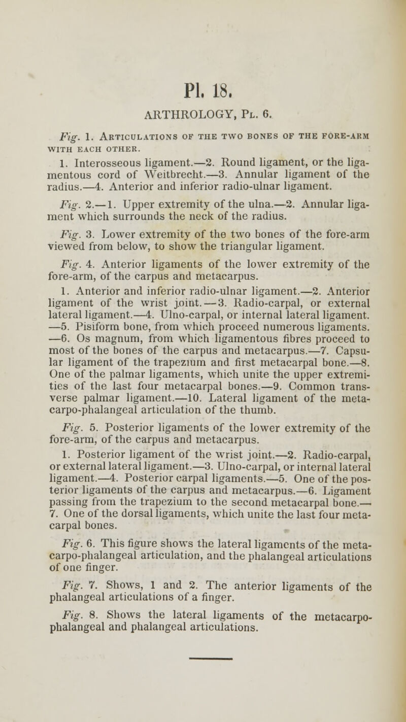 ARTHROLOGY, Pl. 6. Fig. 1. Articulations of the two bones of the fore-arm WITH EACH OTHER. 1. Interosseous ligament.—2. Round ligament, or the liga- mentous cord of Weitbrecht.—3. Annular ligament of the radius.—4. Anterior and inferior radio-ulnar ligament. Fig. 2.—1. Upper extremity of the ulna.—2. Annular liga- ment which surrounds the neck of the radius. Fig. 3. Lower extremity of the two bones of the fore-arm viewed from below, to show the triangular ligament. Fig. 4. Anterior ligaments of the lower extremity of the fore-arm, of the carpus and metacarpus. 1. Anterior and inferior radio-ulnar ligament.—2. Anterior ligament of the wrist j.oint.—3. Radio-carpal, or external lateral ligament.—4. Ulno-carpal, or internal lateral ligament. —5. Pisiform bone, from which proceed numerous ligaments. —6. Os magnum, from which ligamentous fibres proceed to most of the bones of the carpus and metacarpus.—7. Capsu- lar ligament of the trapezium and first metacarpal bone.—8. One of the palmar ligaments, which unite the upper extremi- ties of the last four metacarpal bones.—9. Common trans- verse palmar ligament.—10. Lateral ligament of the meta- carpophalangeal articulation of the thumb. Fig. 5. Posterior ligaments of the lower extremity of the fore-arm, of the carpus and metacarpus. 1. Posterior ligament of the wrist joint.—2. Radio-carpal, or external lateral ligament.—3. Ulno-carpal, or internal lateral ligament.—4. Posterior carpal ligaments.—5. One of the pos- terior ligaments of the carpus and metacarpus.—6. Ligament passing from the trapezium to the second metacarpal bone.— 7. One of the dorsal ligaments, which unite the last four meta- carpal bones. Fig. 6. This figure shows the lateral ligaments of the meta- carpo-phalangeal articulation, and the phalangeal articulations of one finger. Fig. 7. Shows, 1 and 2. The anterior ligaments of the phalangeal articulations of a finger. Fig. 8. Shows the lateral ligaments of the metacarpo- phalangeal and phalangeal articulations.