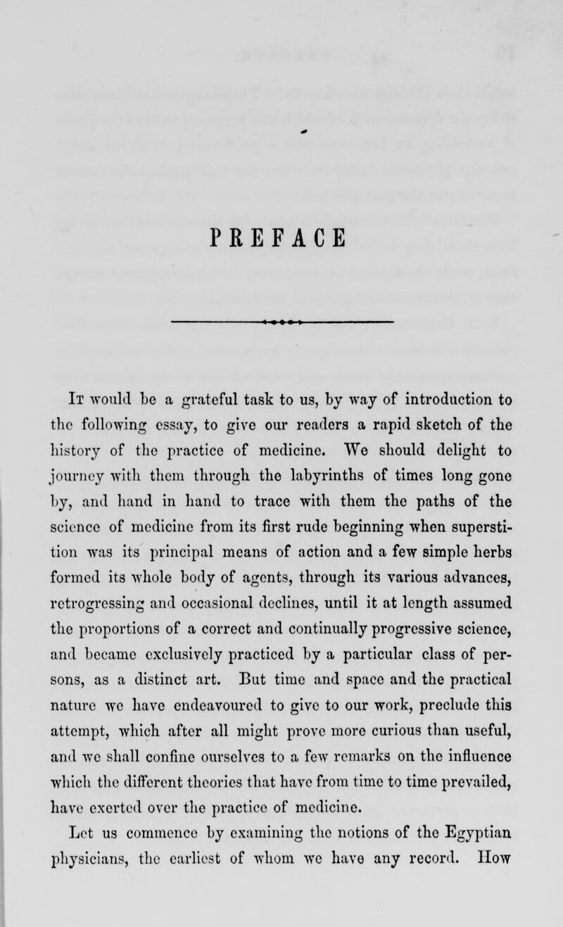 PREFACE It would be a grateful task to us, by way of introduction to the following essay, to give our readers a rapid sketch of the history of the practice of medicine. We should delight to journey with them through the labyrinths of times long gone by, and hand in hand to trace with them the paths of the science of medicine from its first rude beginning when supersti- tion was its principal means of action and a few simple herbs formed its whole body of agents, through its various advances, retrogressing and occasional declines, until it at length assumed the proportions of a correct and continually progressive science, and became exclusively practiced by a particular class of per- sons, as a distinct art. But time and space and the practical nature we have endeavoured to give to our work, preclude this attempt, which after all might prove more curious than useful, and wo shall confine ourselves to a few remarks on the influence which the different theories that have from time to time prevailed, have exerted over the practice of medicine. Let us commence by examining the notions of the Egyptian physicians, the earliest of whom we have any record. How
