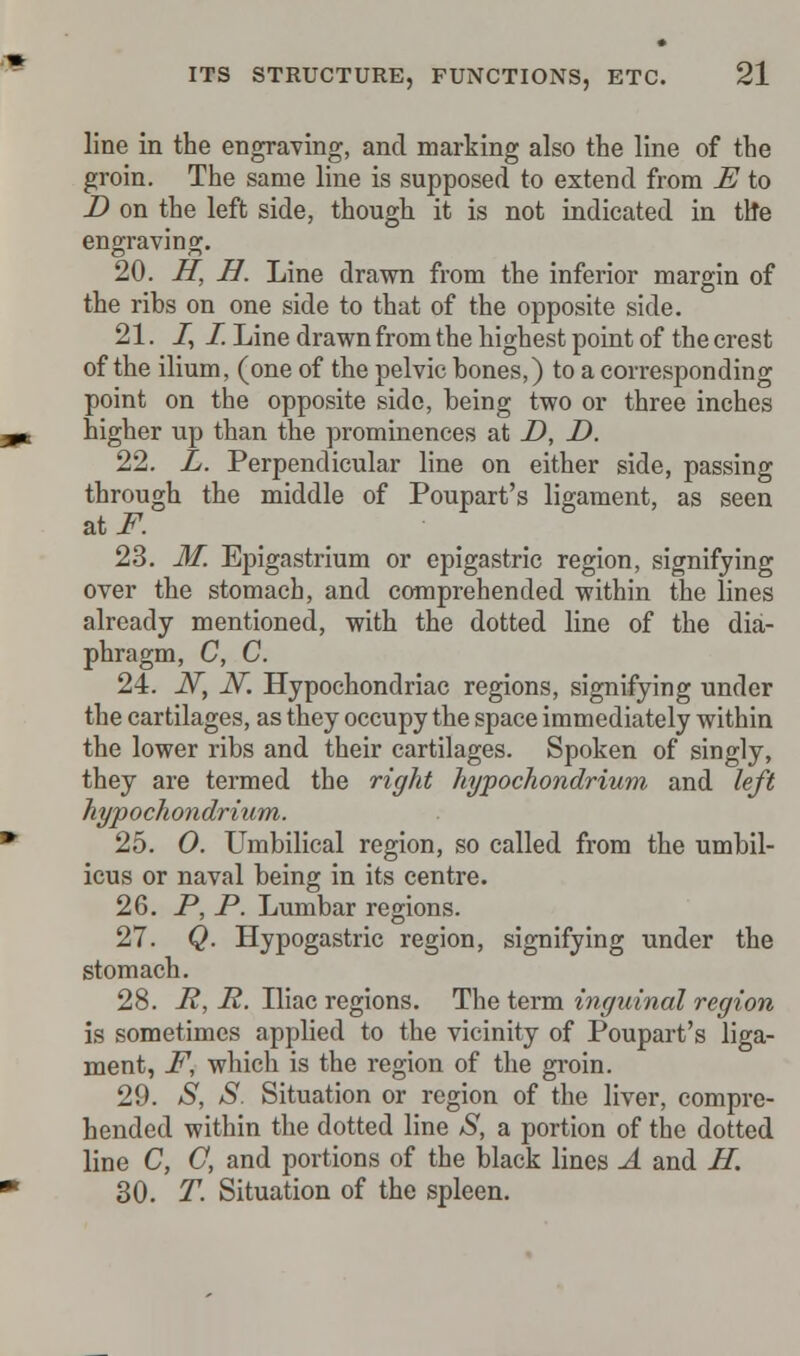 line in the engraving, and marking also the line of the groin. The same line is supposed to extend from E to D on the left side, though it is not indicated in the engraving. 20. H, H. Line drawn from the inferior margin of the ribs on one side to that of the opposite side. 21. I, I. Line drawn from the highest point of the crest of the ilium, (one of the pelvic bones,) to a corresponding point on the opposite side, being two or three inches higher up than the prominences at D, D. 22. L. Perpendicular line on either side, passing through the middle of Poupart's ligament, as seen at F. 23. M. Epigastrium or epigastric region, signifying over the stomach, and comprehended within the lines already mentioned, with the dotted line of the dia- phragm, C, C. 24. H, JV. Hypochondriac regions, signifying under the cartilages, as they occupy the space immediately within the lower ribs and their cartilages. Spoken of singly, they are termed the right hypochondrium and left hypochondrium. 25. 0. Umbilical region, so called from the umbil- icus or naval being in its centre. 26. P, P. Lumbar regions. 27. Q. Hypogastric region, signifying under the stomach. 28. R, P. Iliac regions. The term inguinal region is sometimes applied to the vicinity of Poupart's liga- ment, F, which is the region of the groin. 29. S, S. Situation or region of the liver, compre- hended within the dotted line S, a portion of the dotted line C, C, and portions of the black lines A and H. 30. T. Situation of the spleen.