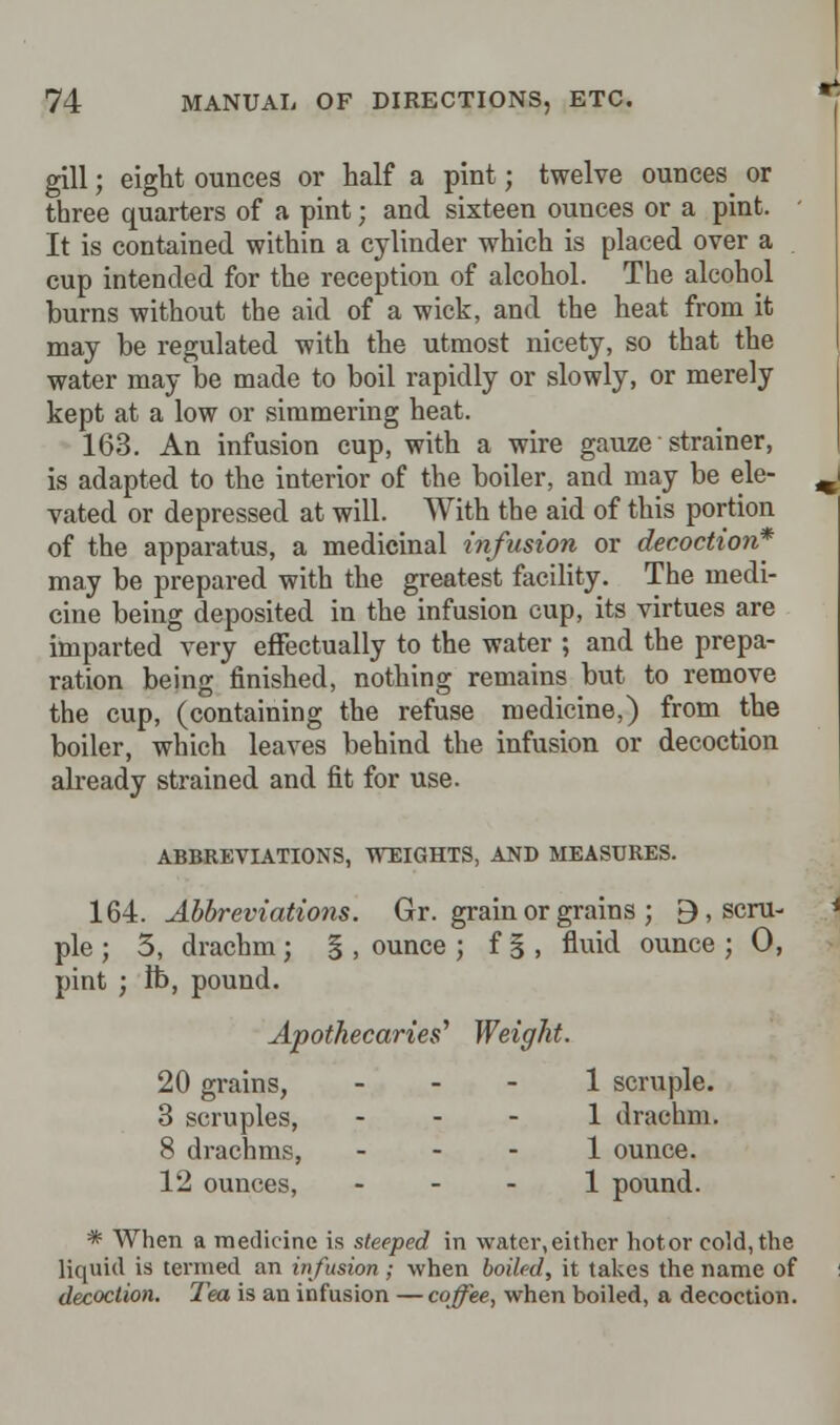 gill; eight ounces or half a pint; twelve ounces or three quarters of a pint; and sixteen ounces or a pint. It is contained within a cylinder which is placed over a cup intended for the reception of alcohol. The alcohol burns without the aid of a wick, and the heat from it may be regulated with the utmost nicety, so that the water may be made to boil rapidly or slowly, or merely kept at a low or simmering heat. 163. An infusion cup, with a wire gauze strainer, is adapted to the interior of the boiler, and may be ele- vated or depressed at will. With the aid of this portion of the apparatus, a medicinal infusion or decoction* may be prepared with the greatest facility. The medi- cine being deposited in the infusion cup, its virtues are imparted very effectually to the water ; and the prepa- ration being finished, nothing remains but to remove the cup, (containing the refuse medicine,) from the boiler, which leaves behind the infusion or decoction already strained and fit for use. ABBREVIATIONS, WEIGHTS, AND MEASURES. 164. Abbreviations. Gr. grain or grains ; 9 , scru- * pie; 3, drachm; § , ounce ; f § , fluid ounce ; 0, pint ; lb, pound. Apothecaries' Weight. 20 grains, 1 scruple. 3 scruples, - - - 1 drachm. 8 drachms, - - - 1 ounce. 12 ounces, - - - 1 pound. * When a medicine is steeped in water,either hotor cold, the liquid is termed an infusion; when boiled, it takes the name of decoction. Tea is an infusion —coffee, when boiled, a decoction.