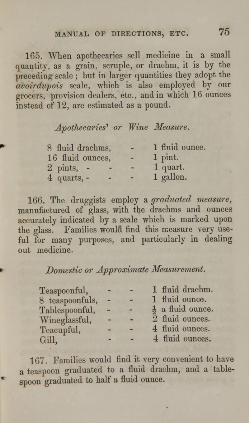 165. When apothecaries sell medicine in a small quantity, as a grain, scruple, or drachm, it is by the preceding scale ; but in larger quantities they adopt the avoirdupois scale, which is also employed by our grocers, provision dealers, etc., and in which 16 ounces instead of 12, are estimated as a pound. Apothecaries' or Wine Measure. 8 fluid drachms, - 1 fluid ounce. 16 fluid ounces, - 1 pint. 2 pints, - - - 1 quart. 4 quarts, - - - 1 gallon. 166. The druggists employ a graduated measure, manufactured of glass, with the drachms and ounces accurately indicated by a scale which is marked upon the glass. Families would find this measure very use- ful for many purposes, and particularly in dealing out medicine. Domestic or Approximate Measurement. Teaspoonful, - - 1 fluid drachm. 8 teaspoonfuls, - - 1 fluid ounce. Tablespoonful, - - \ a fluid ounce. Wineglassful, - - 2 fluid ounces. Teacupful, - - 4 fluid ounces. Grille 4 fluid ounces. 167. Families would find it very convenient to have a teaspoon graduated to a fluid drachm, and a table- spoon graduated to half a fluid ounce.