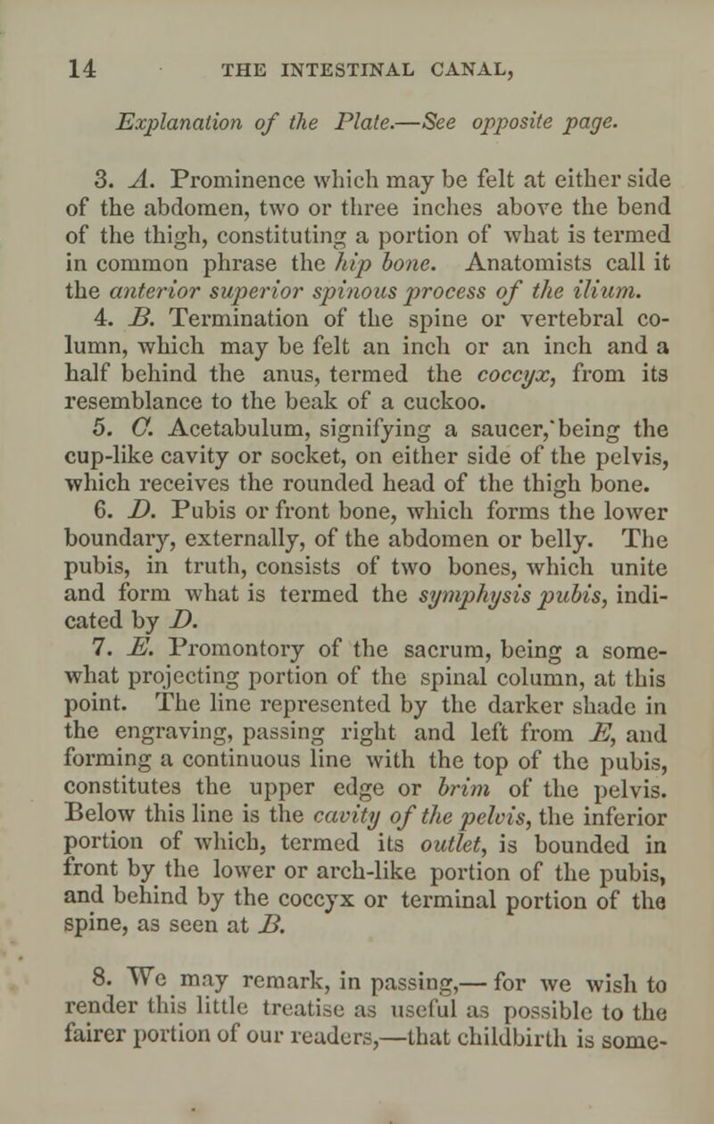 Explanation of the Plate.—See opposite page. 3. A. Prominence which may be felt at either side of the abdomen, two or three inches above the bend of the thigh, constituting a portion of what is termed in common phrase the hip bone. Anatomists call it the anterior superior spinous process of the ilium. 4. B. Termination of the spine or vertebral co- lumn, which may be felt an inch or an inch and a half behind the anus, termed the coccyx, from its resemblance to the beak of a cuckoo. 5. O. Acetabulum, signifying a saucer, being the cup-like cavity or socket, on either side of the pelvis, which receives the rounded head of the thigh bone. 6. D. Pubis or front bone, which forms the lower boundary, externally, of the abdomen or belly. The pubis, in truth, consists of two bones, which unite and form what is termed the symphysis pubis, indi- cated by D. 7. E. Promontory of the sacrum, being a some- what projecting portion of the spinal column, at this point. The line represented by the darker shade in the engraving, passing right and left from E, and forming a continuous line with the top of the pubis, constitutes the upper edge or brim of the pelvis. Below this line is the cavity of the pelvis, the inferior portion of which, termed its outlet, is bounded in front by the lower or arch-like portion of the pubis, and behind by the coccyx or terminal portion of the spine, as seen at B. 8. We may remark, in passing,— for we wish to render this little treatise as useful as possible to the fairer portion of our readers,—that childbirth is some-