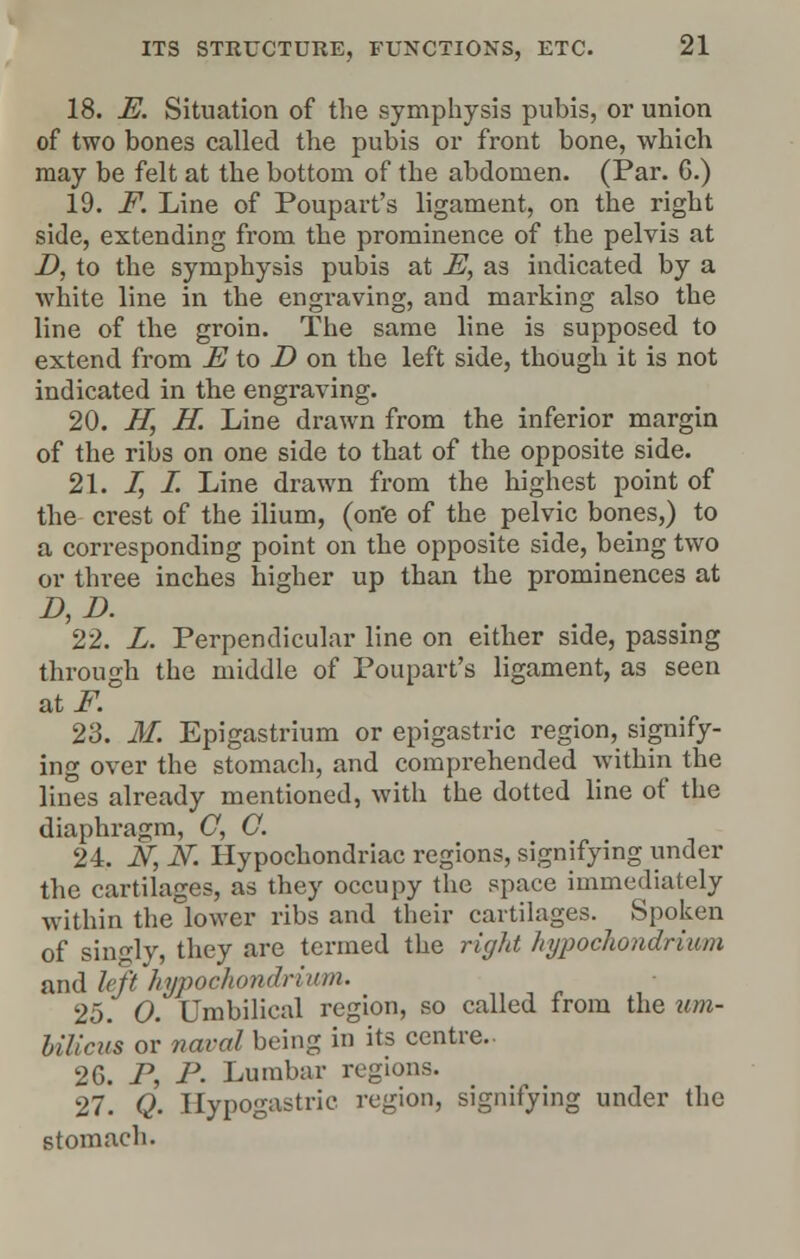 18. E. Situation of the symphysis pubis, or union of two bones called the pubis or front bone, which may be felt at the bottom of the abdomen. (Par. G.) 19. F. Line of Poupart's ligament, on the right side, extending from the prominence of the pelvis at D, to the symphysis pubis at E, as indicated by a white line in the engraving, and marking also the line of the groin. The same line is supposed to extend from E to D on the left side, though it is not indicated in the engraving. 20. H, H. Line drawn from the inferior margin of the ribs on one side to that of the opposite side. 21. I, I. Line drawn from the highest point of the crest of the ilium, (on'e of the pelvic bones,) to a corresponding point on the opposite side, being two or three inches higher up than the prominences at D, D. 22. L. Perpendicular line on either side, passing through the middle of Poupart's ligament, as seen at .P. 23. M. Epigastrium or epigastric region, signify- ing over the stomach, and comprehended within the lines already mentioned, with the dotted line of the diaphragm, C, C. 24. If, If. Hypochondriac regions, signifying under the cartilages, as they occupy the space immediately within the lower ribs and their cartilages. Spoken of singly, they are termed the right hypochondrium and left hypochondrium. 25. 0. Umbilical region, so called from the um- Ulicus or naval being in its centre.. 26. P, P. Lumbar regions. 27. Q. Hypogastric, region, signifying under the stomach.