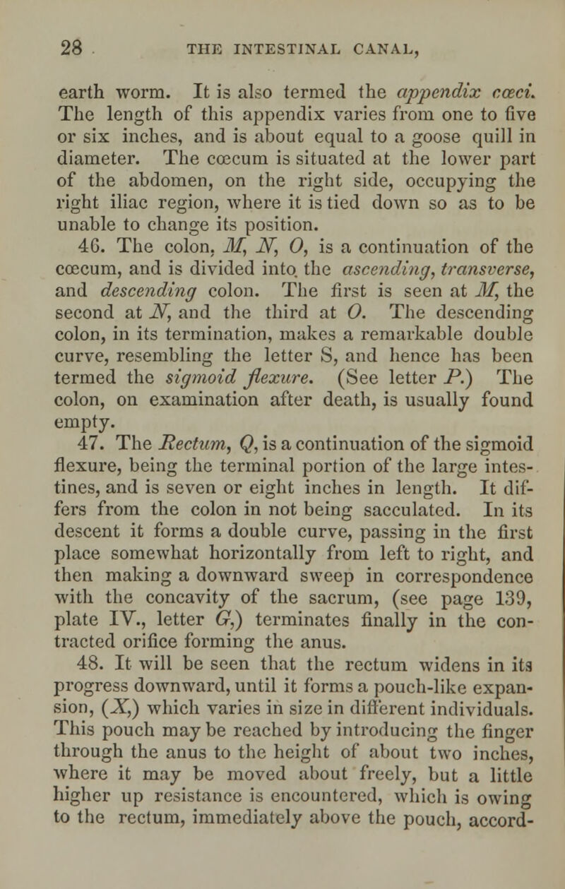 earth worm. It is also termed the appendix coeci. The length of this appendix varies from one to five or six inches, and is about equal to a goose quill in diameter. The ccecum is situated at the lower part of the abdomen, on the right side, occupying the right iliac region, where it is tied down so as to be unable to change its position. 46. The colon, M, N, 0, is a continuation of the coccum, and is divided into the ascending, transverse, and descending colon. The first is seen at M, the second at N, and the third at 0. The descending colon, in its termination, makes a remarkable double curve, resembling the letter S, and hence has been termed the sigmoid flexure. (See letter P.) The colon, on examination after death, is usually found empty. 47. The Rectum, Q, is a continuation of the sigmoid flexure, being the terminal portion of the large intes- tines, and is seven or eight inches in length. It dif- fers from the colon in not being sacculated. In its descent it forms a double curve, passing in the first place somewhat horizontally from left to right, and then making a downward sweep in correspondence with the concavity of the sacrum, (see page 139, plate IV., letter G,) terminates finally in the con- tracted orifice forming the anus. 48. It will be seen that the rectum widens in its progress downward, until it forms a pouch-like expan- sion, (X,) which varies in size in different individuals. This pouch may be reached by introducing the finger through the anus to the height of about two inches, where it may be moved about freely, but a little higher up resistance is encountered, which is owing to the rectum, immediately above the pouch, accord-