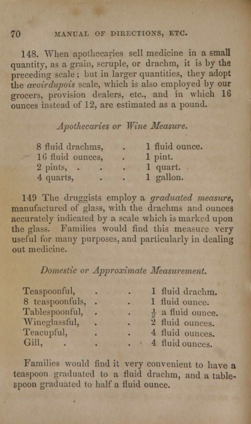 148. When apothecaries sell medicine in a small quantity, as a grain, scruple, or drachm, it is by the preceding scale ; but in larger quantities, they adopt the avoirdupois scale, which is also employed by our grocers, provision dealers, etc., and in which 16 ounces instead of 12, are estimated as a pound. Apothecaries or Wine Measure. 8 fluid drachms, . 1 fluid ounce. 1G fluid ounces, . 1 pint. 2 pints, ... 1 quart. 4 quarts, . . 1 gallon. 149 The druggists employ a graduated measure, manufactured of glass, with the drachms and ounces accurately indicated by a scale which is marked upon the glass. Families would find this measure very useful for many purposes, and particularly in dealing out medicine. Domestic or Approximate Measurement. Teaspoonful, 1 fluid drachm* 8 teaspoonfuls, . 1 fluid ounce. Tablespoonful, £ a fluid ounce. Wineglassful, 2 fluid ounces. Teacupful, 4 fluid ounces. Gill, . ' 4 fluid ounces. Families would find it very convenient to have a teaspoon graduated to a fluid drachm, and a table- spoon graduated to half a fluid ounce.