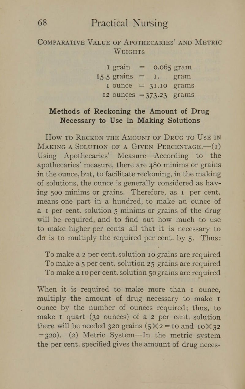 Comparative Value of Apothecaries' and Metric Weights i grain = 0.065 gram 15.5 grains = 1. gram 1 ounce = 31.10 grams 12 ounces =373.23 grams Methods of Reckoning the Amount of Drug Necessary to Use in Making Solutions How to Reckon the Amount of Drug to Use in Making a Solution of a Given Percentage.—(1) Using Apothecaries' Measure—According to the apothecaries' measure, there are 480 minims or grains in the ounce, but, to facilitate reckoning, in the making of solutions, the ounce is generally considered as hav- ing 500 minims or grains. Therefore, as 1 per cent, means one part in a hundred, to make an ounce of a 1 per cent, solution 5 minims or grains of the drug will be required, and to find out how much to use to make higher per cents all that it is necessary to do is to multiply the required per cent, by 5. Thus: To make a 2 per cent, solution 10 grains are required To make a 5 per cent, solution 25 grains are required To make a 10 per cent, solution 50 grains are required When it is required to make more than 1 ounce, multiply the amount of drug necessary to make 1 ounce by the number of ounces required; thus, to make 1 quart (32 ounces) of a 2 per cent, solution there will be needed 320 grains (5X2 = 10 and 10X32 = 320). (2) Metric System—In the metric system the per cent, specified gives the amount of drug neces-