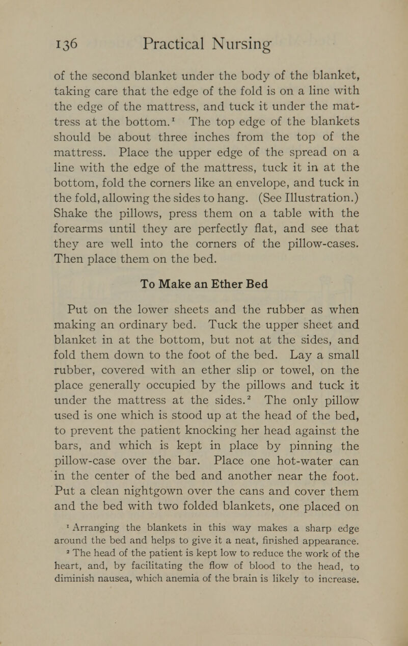 of the second blanket under the body of the blanket, taking care that the edge of the fold is on a line with the edge of the mattress, and tuck it under the mat- tress at the bottom.1 The top edge of the blankets should be about three inches from the top of the mattress. Place the upper edge of the spread on a line with the edge of the mattress, tuck it in at the bottom, fold the corners like an envelope, and tuck in the fold, allowing the sides to hang. (See Illustration.) Shake the pillows, press them on a table with the forearms until they are perfectly flat, and see that they are well into the corners of the pillow-cases. Then place them on the bed. To Make an Ether Bed Put on the lower sheets and the rubber as when making an ordinary bed. Tuck the upper sheet and blanket in at the bottom, but not at the sides, and fold them down to the foot of the bed. Lay a small rubber, covered with an ether slip or towel, on the place generally occupied by the pillows and tuck it under the mattress at the sides.2 The only pillow used is one which is stood up at the head of the bed, to prevent the patient knocking her head against the bars, and which is kept in place by pinning the pillow-case over the bar. Place one hot-water can in the center of the bed and another near the foot. Put a clean nightgown over the cans and cover them and the bed with two folded blankets, one placed on 1 Arranging the blankets in this way makes a sharp edge around the bed and helps to give it a neat, finished appearance. 2 The head of the patient is kept low to reduce the work of the heart, and, by facilitating the flow of blood to the head, to diminish nausea, which anemia of the brain is likely to increase.