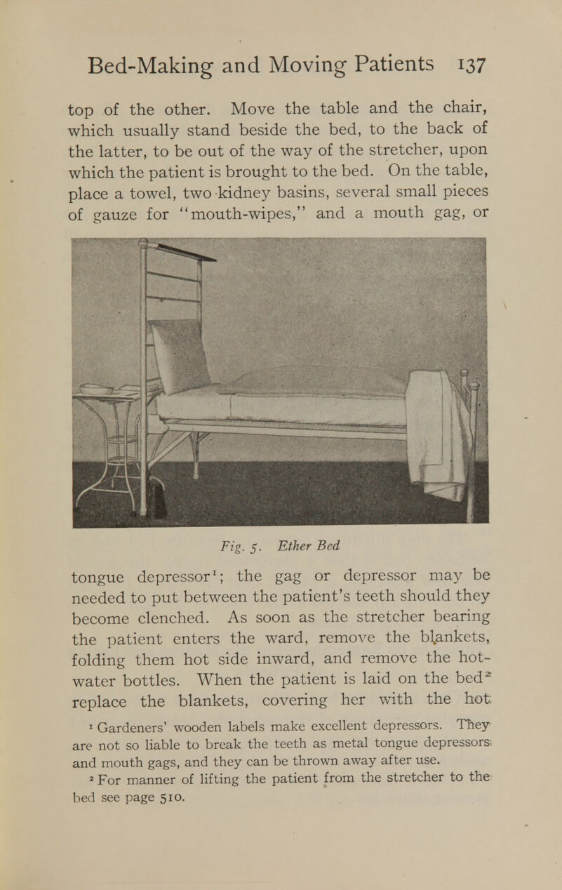 top of the other. Move the table and the chair, which usually stand beside the bed, to the back of the latter, to be out of the way of the stretcher, upon which the patient is brought to the bed. On the table, place a towel, two kidney basins, several small pieces of gauze for mouth-wipes, and a mouth gag, or Fig. 5. Ether Bed tongue depressor1; the gag or depressor may be needed to put between the patient's teeth should they become clenched. As soon as the stretcher bearing the patient enters the ward, remove the blankets, folding them hot side inward, and remove the hot- water bottles. When the patient is laid on the bed2 replace the blankets, covering her with the hot 1 Gardeners' wooden labels make excellent depressors. They are not so liable to break the teeth as metal tongue depressors; and mouth gags, and they can be thrown away after use. 3 For manner of lifting the patient from the stretcher to the bed see page 510.