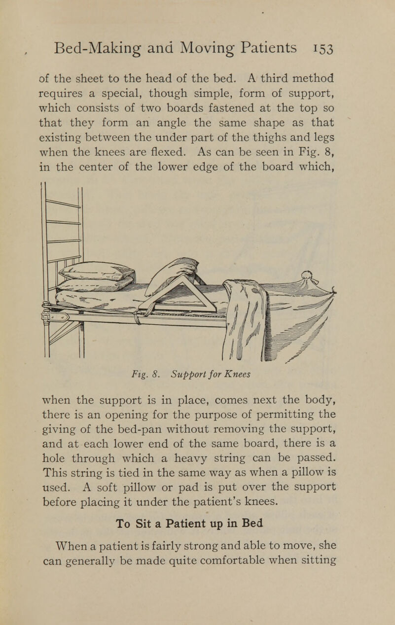 of the sheet to the head of the bed. A third method requires a special, though simple, form of support, which consists of two boards fastened at the top so that they form an angle the same shape as that existing between the under part of the thighs and legs when the knees are flexed. As can be seen in Fig. 8, in the center of the lower edge of the board which, Fig. 8. Support for Knees when the support is in place, comes next the body, there is an opening for the purpose of permitting the giving of the bed-pan without removing the support, and at each lower end of the same board, there is a hole through which a heavy string can be passed. This string is tied in the same way as when a pillow is used. A soft pillow or pad is put over the support before placing it under the patient's knees. To Sit a Patient up in Bed When a patient is fairly strong and able to move, she can generally be made quite comfortable when sitting