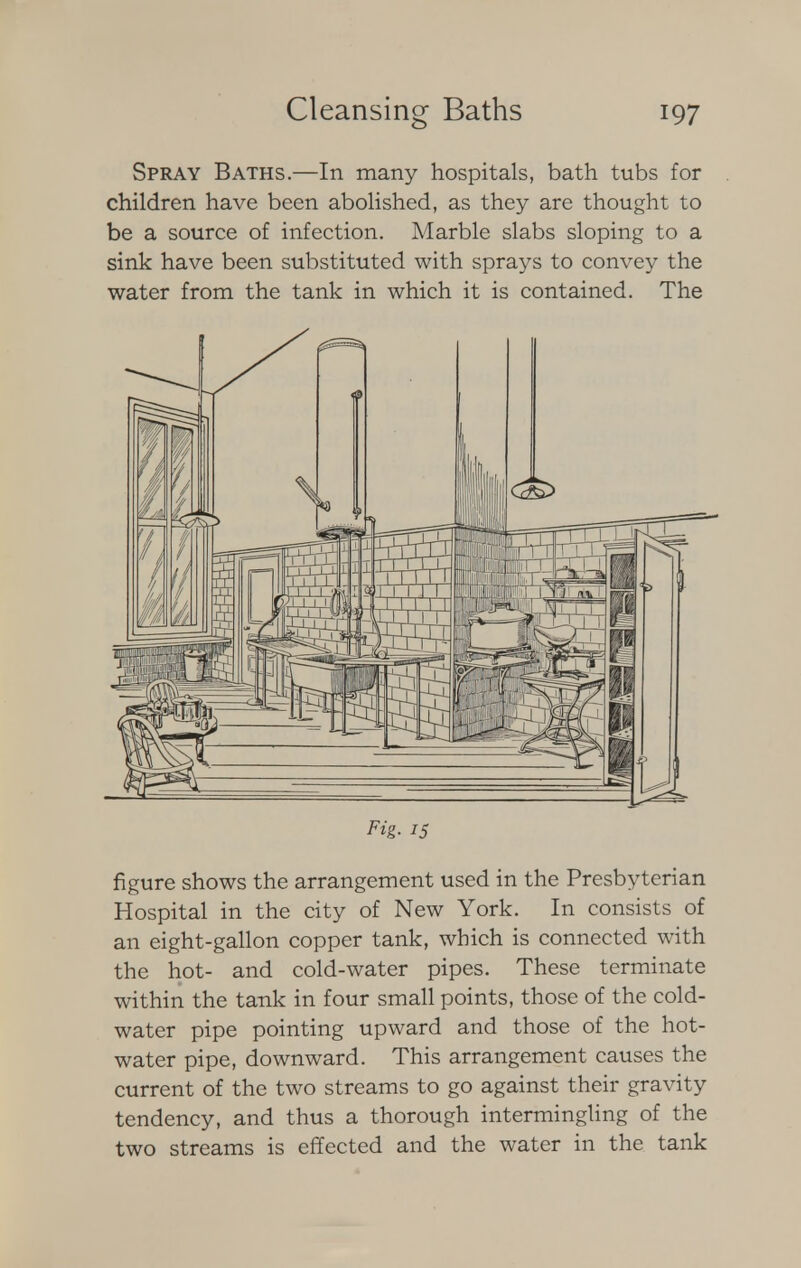 Spray Baths.—In many hospitals, bath tubs for children have been abolished, as they are thought to be a source of infection. Marble slabs sloping to a sink have been substituted with sprays to convey the water from the tank in which it is contained. The Fig- 15 figure shows the arrangement used in the Presbyterian Hospital in the city of New York. In consists of an eight-gallon copper tank, which is connected with the hot- and cold-water pipes. These terminate within the tank in four small points, those of the cold- water pipe pointing upward and those of the hot- water pipe, downward. This arrangement causes the current of the two streams to go against their gravity tendency, and thus a thorough intermingling of the two streams is effected and the water in the tank