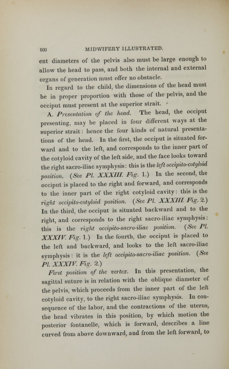 ent diameters of the pelvis also must be large enough to allow the head to pass, and both the internal and external organs of generation must offer no obstacle. In regard to the child, the dimensions of the head must be in proper proportion with those of the pelvis, and the occiput must present at the superior strait. A. Presentation of the head. The head, the occiput presenting, may be placed in four different ways at the superior strait: hence the four kinds of natural presenta- tions of the head. In the first, the occiput is situated for- ward and to the left, and corresponds to the inner part of the cotyloid cavity of the left side, and the face looks toward the right sacro-iliac symphysis: this is the left occipito-cotyloid position, (See PI. XXXIII. Fig. 1.) In the second, the occiput is placed to the right and forward, and corresponds to the inner part of the right cotyloid cavity: this is the right occipito-cotyloid position. (See PI. XXXIII Fig. 2.) In the third, the occiput is situated backward and to the right, and corresponds to the right sacro-iliac symphysis: this is the right occipito-sacro-iliac position. (See PI. XXXIV. Fig. 1.) In the fourth, the occiput is placed to the left and backward, and looks to the left sacro-iliac symphysis: it is the left occipito-sacro-iliac position, (See PI. XXXIV. Fig. 2.) First position of the vertex. In this presentation, the sagittal suture is in relation with the oblique diameter of the pelvis, which proceeds from the inner part of the left cotyloid cavity, to the right sacro-iliac symphysis. In con- sequence of the labor, and the contractions of the uterus, the head vibrates in this position, by which motion the posterior fontanelle, which is forward, describes a line curved from above downward, and from the left forward, to