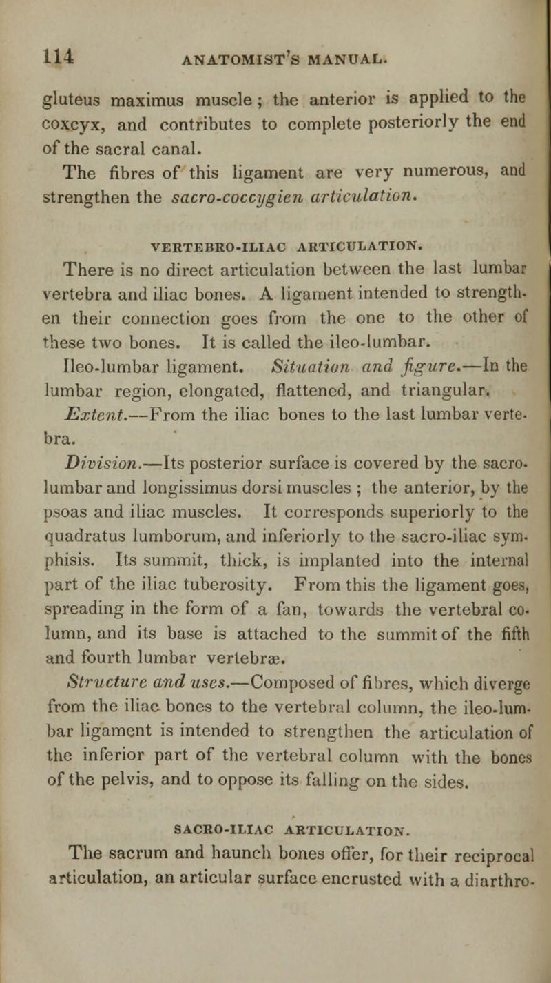 gluteus maximus muscle; the anterior is applied to the coxcyx, and contributes to complete posteriorly the end of the sacral canal. The fibres of this ligament are very numerous, and strengthen the sacro-coccygien articulation. VERTEBRO-ILIAC ARTICULATION. There is no direct articulation between the last lumbar vertebra and iliac bones. A ligament intended to strength. en their connection goes from the one to the other of these two bones. It is called the ileo-lumbar. Ileo-lumbar ligament. Situation and figure.—In the lumbar region, elongated, flattened, and triangular. Extent.—From the iliac bones to the last lumbar verte- bra. Division.—Its posterior surface is covered by the sacro- lumbar and longissimus dorsi muscles ; the anterior, by the p.soas and iliac muscles. It corresponds superiorly to the quadratus lumborum, and inferiorly to the sacro-iliac sym- phisis. Its summit, thick, is implanted into the internal part of the iliac tuberosity. From this the ligament goes, spreading in the form of a fan, towards the vertebral co. lumn, and its base is attached to the summit of the fifth and fourth lumbar vertebra?. Structure and uses.—Composed of fibres, which diverge from the iliac bones to the vertebral column, the ileo-lum- bar ligament is intended to strengthen the articulation of the inferior part of the vertebral column with the bones of the pelvis, and to oppose its falling on the sides. SACRO-ILIAC ARTICULATION. The sacrum and haunch bones offer, for their reciprocal articulation, an articular surface encrusted with a diarthro-