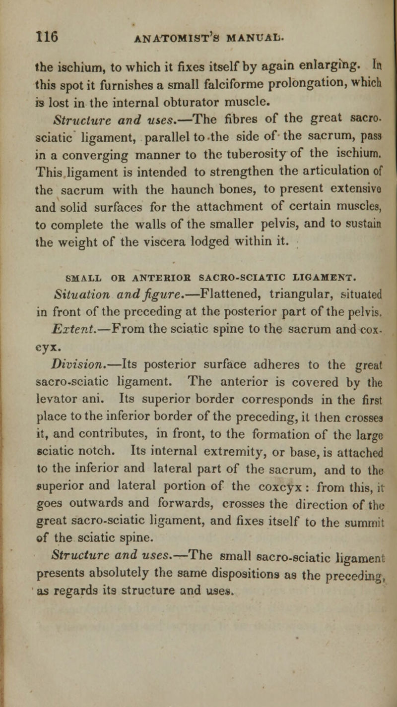 the ischium, to which it fixes itself by again enlarging. In this spot it furnishes a small falciforme prolongation, which is lost in the internal obturator muscle. Structure and uses.—The fibres of the great sacro- sciatic ligament, parallel to-the side of the sacrum, pass in a converging manner to the tuberosity of the ischium. This ligament is intended to strengthen the articulation of the sacrum with the haunch bones, to present extensive and solid surfaces for the attachment of certain muscles, to complete the walls of the smaller pelvis, and to sustain the weight of the viscera lodged within it. SMALL OR ANTERIOR SACRO-SCIATIC LIGAMENT. Situation and figure.—Flattened, triangular, situated in front of the preceding at the posterior part of the pelvis. Extent.—From the sciatic spine to the sacrum and cox- eyx. Division.—Its posterior surface adheres to the great sacro-sciatic ligament. The anterior is covered by the levator ani. Its superior border corresponds in the first place to the inferior border of the preceding, it then crosses it, and contributes, in front, to the formation of the large sciatic notch. Its internal extremity, or base, is attached to the inferior and laleral part of the sacrum, and to the superior and lateral portion of the coxcyx : from this, it goes outwards and forwards, crosses the direction of the great sacro-sciatic ligament, and fixes itself to the summit of the sciatic spine. Structure and uses.—The small sacro-sciatic ligament presents absolutely the same dispositions as the preceding, as regards its structure and uses.