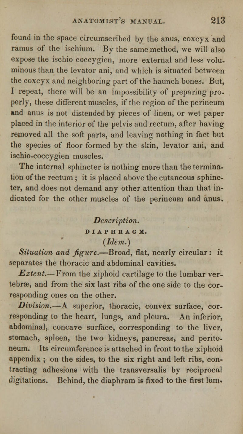 found in the space circumscribed by the anus, coxcyx and ramus of the ischium. By the same method, we will also expose the ischio coccygien, more external and less volu- minous than the levator ani, and which is situated between the coxcyx and neighboring part of the haunch bones. But, I repeat, there will be an impossibility of preparing pro- perly, these different muscles, if the region of the perineum and anus is not distended by pieces of linen, or wet paper placed in the interior of the pelvis and rectum, after having removed all the soft parts, and leaving nothing in fact but the species of floor formed by the skin, levator ani, and ischio-coccygien muscles. The internal sphincter is nothing more than the termina- tion of the rectum ; it is placed above the cutaneous sphinc- ter, and does not demand any other attention than that in- dicated for the other muscles of the perineum and anus. Description. DIAPHRAGM. {Idem.) Situation and figure.—Broad, flat, nearly circular: it separates the thoracic and abdominal cavities. Extent.—From the xiphoid cartilage to the lumbar ver- tebrae, and from the six last ribs of the one side to the cor- responding ones on the other. Division.—A superior, thoracic, convex surface, cor- responding to the heart, lungs, and pleura. An inferior, abdominal, concave surface, corresponding to the liver, stomach, spleen, the two kidneys, pancreas, and perito- neum. Its circumference is attached in front to the xiphoid appendix ; on the sides, to the six right and left ribs, con- tracting adhesions with the transversalis by reciprocal digitations. Behind, the diaphram ie fixed to the first lum-