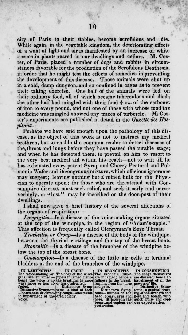 city of Paris to their stables, become scrofulous and die. While again, in the vegetable kingdom, the deteriorating effects of a want of light and air is manifested by an increase of white tissues in plants reared in our dwellings and cellars. M. Cos- ter, of Paris, placed a number of dogs and rabbits in circum- stances favorable for the production of the Scrofulous Deathesis, in order that he might test the effects of remedies in preventing the development of this disease. Those animals were shut up in a cold, damp dungeon, and so confined in cages as to prevent their taking exercise. One half of the animals were fed on their ordinary food, all of which became tuberculous and died; the other half had mingled with their food $ oz. of the carbonet of iron to every pound, and not one of those with whose food the medicine was mingled showed any traces of turbercle. M. Cos- ter's experiments are published in detail in the Gazette des Hos- pitaux. Perhaps we have said enough upon the pathology of this dis- ease, as the object of this work is not to instruct my medical brethren, but to enable the common reader to detect diseases of the,throat and lungs before they have passed the curable stage; and when he has detected them, to prevail on him to resort to the very best medical aid within his reach—not to wait till he has exhausted every patent Syrup and Cherry Pectoral and Pul- monic Wafer and incongruous mixture, which officious ignorance may suggest; leaving nothing but a ruined hulk for the Physi- cian to operate upon; for those who are threatened with Con- sumptive disease, must seek relief, and seek it early and perse- veringly, or lost may be inscribed on the door-post of their dwellings. I shall now give a brief history of the several affections of the organs of respiration:— Laryngitis—Is a disease of the voice-making organs situated at the top of the windpipe, in the region of Adam's-apple. This affection is frequently called Clergyman's Sore Throat. Tracheitis, or Croup—Is a disease of the body of the windpipe, between the thyriod cartilage and the top of the breast bone. Bronchitis—Is a disease of the branches of the windpipe be- low the top of the breast bone. Consumption—Is a disease of the little air cells or terminal bladders at the end of the branches of the windpipe. IN LARYNGITIS The voice-making or- gans are inflamed — hence the voice is al- ways more or less af- fected. Distinctive Symptom —hoarseness, or chron- ic impairment of the voice. IN CROUP The body of the wind- pipe is inflamed; hence the breathing is more or less obstructed. Distinctive Symp- toms—a kind of bark- ing cough—affects chil- dren chiefly. IN BRONCHITIS The bronchial tubes are inflamed; hence a fullness in the breast, running from the nose and eyes. Distinctive Symp- toms—fullness of the head, breast, eyes and nose. Stricture in the breast, and copious ex- pectoration. IN CONSUMPTION The langs themselves are diseased; hence an impairment of all the powers of life. Distinctive Symp- toms—a gradual wast- ing of the strength and flesh and breath, with quick pulse and copi- ous expectoration.