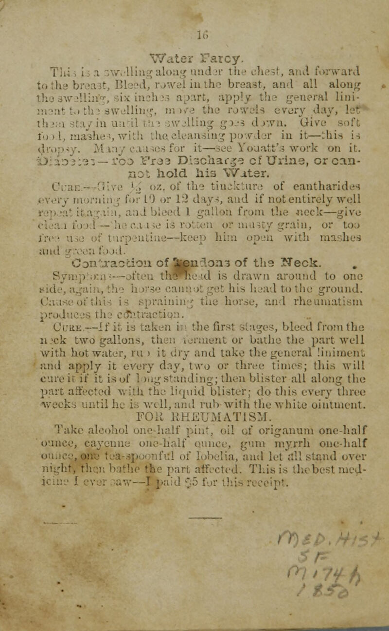 ter r?.rcy. r, llin j along undar the chest, and forward totheb d, rowel in the breast, and all along in :h i3 ap irt, apply th ■ general lini- i :!: i -v.- illiu •;. every dai i 'i d )Tn. Give fool, masluM,with the.cleansing powder in it—'.his is ifouatt's work on it. ^:ar33;93 —roo Praa Discharge cf Urine, or can- hold Ilia \V_itsr. , ozt of the tincktnre of eantharides every morniti •; for LO or id if not entirely well from the neck—give food—he oa i ..• is i tin, or too (re • ;\ >en with m: and •■■ •..'■.: !'.i >.l. Con'jraction of S»n:'loii3 of the Neck. —often taiRe=id is drawn around to one lis haad to the ground. i irse, and rheumatism produ Cure—If it is taken i the first stages, blood from the ii 'ck two gallons, th n torment or bathe the part well with hot water, ru > it dry and take the general liniment arid apply it every day, two ov three times; this will cureil if it isof 1 nig standing; then blister all along the part affected with the licpiid blister; tie tins every three weeks until he i • well, and rub with the 'while ointment. FOIL RHEUMATISM. Take alcohol one half pint, oil of origanum one-half ounce, cay i , gum myrrh one-half ', and let all stand over d. This is Ihefcest rncd- -1 paid ~j5 for this re coipt.