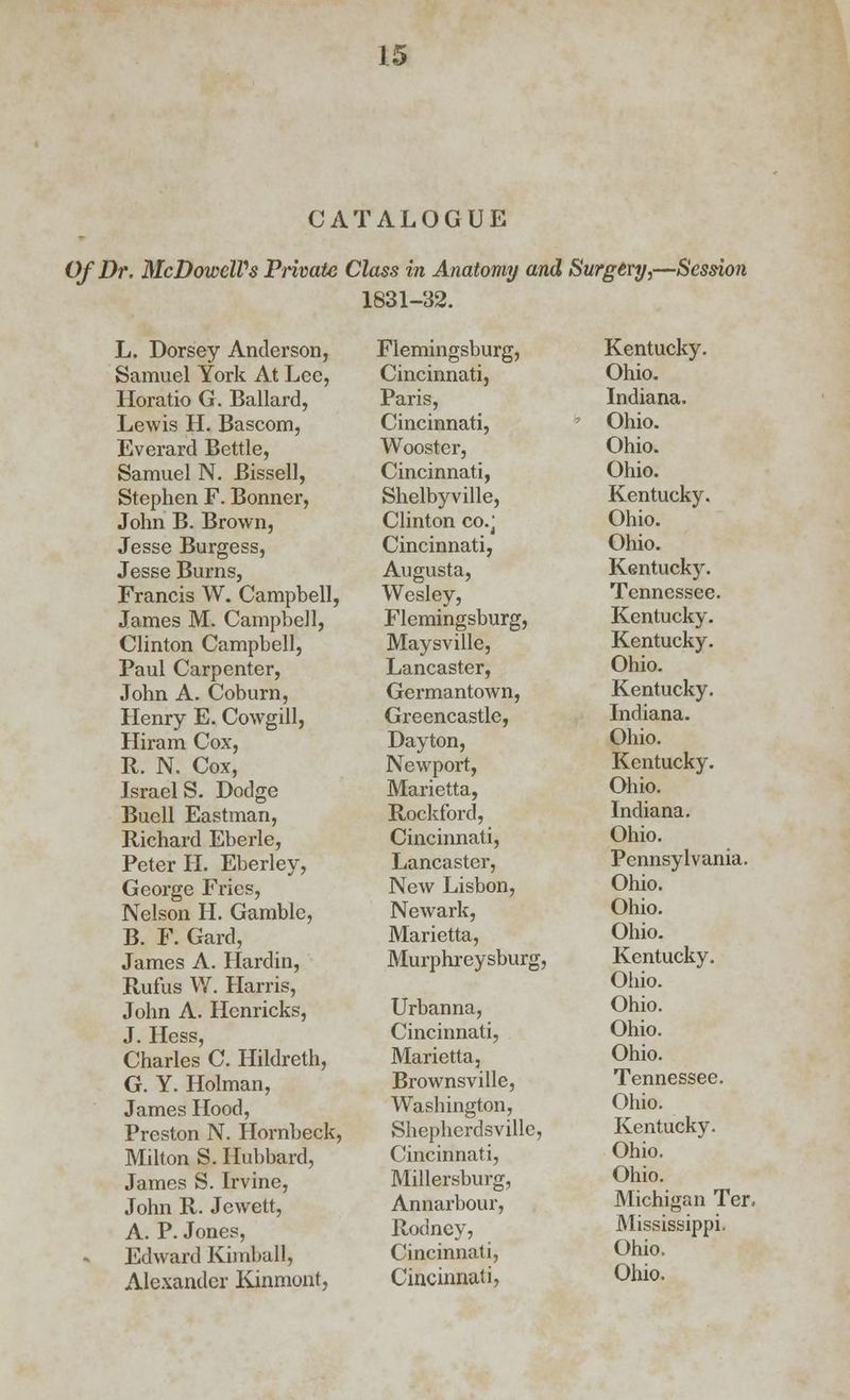 CATALOGUE Of Dr. McDowelVs Private Class in Anatomy and Surgery,—Session 1831-32. L. Dorsey Anderson, Samuel York At Lee, Horatio G. Ballard, Lewis H. Bascom, Everard Bettle, Samuel N. Bissell, Stephen F. Bonner, John B. Brown, Jesse Burgess, Jesse Burns, Francis W. Campbell, James M. Campbell, Clinton Campbell, Paul Carpenter, John A. Coburn, Henry E. Cowgill, Hiram Cox, R. N. Cox, Israel S. Dodge Buell Eastman, Richard Eberle, Peter H. Eberley, George Fries, Nelson H. Gamble, B. F. Gard, James A. Hardin, Rufus W. Harris, John A. Henricks, J. Hess, Charles C. Hildreth, G. Y. Holman, James Hood, Preston N. Hornbeck, Milton S. Hubbard, James S. Irvine, John R. Jewett, A. P. Jones, Edward Kimball, Alexander Kinmont, Flemingsburg, Cincinnati, Paris, Cincinnati, Wooster, Cincinnati, Shelbyville, Clinton co.] Cincinnati, Augusta, Wesley, Flemingsburg, Maysville, Lancaster, Germantown, Greencastle, Dayton, Newport, Marietta, Rockford, Cincinnati, Lancaster, New Lisbon, Newark, Marietta, Murphreysburg, Urbanna, Cincinnati, Marietta, Brownsville, Washington, Shepherdsvillc, Cincinnati, Millersburg, Annarbour, Rodney, Cincinnati, Cincinnati, Kentucky. Ohio. Indiana. Ohio. Ohio. Ohio. Kentucky. Ohio. Ohio. Kentucky. Tennessee. Kentucky. Kentucky. Ohio. Kentucky. Indiana. Ohio. Kentucky. Ohio. Indiana. Ohio. Pennsylvania. Ohio. Ohio. Ohio. Kentucky. Ohio. Ohio. Ohio. Ohio. Tennessee. Ohio. Kentucky. Ohio. Ohio. Michigan Ter. Mississippi. Ohio.