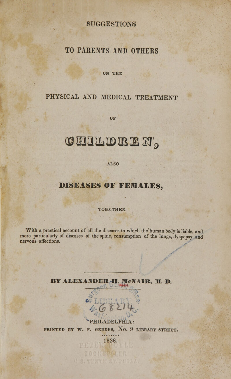 SUGGESTIONS TO PARENTS AND OTHERS ON THE PHYSICAL AND MEDICAL TREATMENT @U3a&ID2BIgST< ALSO DISEASES OF FEMALES, TOGETHER With a practical account of all the diseases to which the'human body is liable, and more particularly of diseases of the spine, consumption of the lungs, dyspepsy and nervous affections. BY AEEXANDER H. ITIcNAIR, M. D. ^PHILADELPHIA: PRINTED BY W. F. GEDDES, No. 9 LIBRARY STREET. 1838.