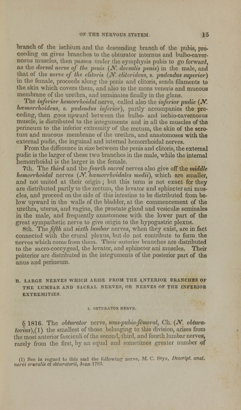 branch of the ischium and the descending branch of the pubis, pro- ceeding on gives branches to the obturator internus and bulbo-caver- nosus muscles, then passes under the symphysis pubis to go forward, as the dorsal nerve of the penis (JV. dorsalis penis) in the male, and that of the nerve of the clitoris (JV. clitorideus, s. pudendus superior) in the female, proceeds along the penis and clitoris, sends filaments to the skin which covers them, and also to the mons veneris and mucous membrane of the urethra, and terminates finally in the glans. The inferior hemorrhoidal nerve, called also the inferior pudic (JV. hcemorrhoideus, s. pudendus inferior), partly accompanies the pre- ceding, then goes upward between the bulbo- and ischio-cavernosus muscle, is distributed to the integuments and in all the muscles of the perineum to the inferior extremity of the rectum, the skin of the scro- tum and mucous membrane of the urethra, and anastomoses with the external pudic, the inguinal and internal hemorrhoidal nerves. From the difference in size between the penis and clitoris, the external pudic is the larger of these two branches in the male, while the internal hemorrhoidal is the larger in the female. 7th. The third and the fourth sacral nerves also give off the middle hemorrhoidal nerves (JV. hcemorrhoidales medii), which are smaller, and not united at their origin ; but this term is not exact for they are distributed partly to the rectum, the levator and sphincter ani mus- cles, and proceed on the side of this intestine to be distributed from be- low upward in the walls of the bladder, at the commencement of the urethra, uterus, and vagina, the prostate gland and vesicular seminales in the male, and frequently anastomose with the lower part of the great sympathetic nerve to give origin to the hypogastric plexus. 8th. The fifth and sixth lumbar nerves, when they exist, are in fact connected with the crural plexus, but do not contribute to form the nerves which come from them. Their anterior branches are distributed to the sacro-coccygeal, the levator, and sphincter ani muscles. Their posterior are distributed in the integuments of the posterior part of the anus and perineum. B. LARGE NERVES WHICH ARISE FROM THE ANTERIOR BRANCHES OF THE LUMBAR AND SACRAL NERVES, OR NERVES OF THE INFERIOR EXTREMITIES. I. OBTURATOR NERVE. § 1816. The obturator nerve, sous-pubio-femoral, Ch. (JV. oblura- torius),(l) the smallest of those belonging to this division, arises from the most anterior fasciculi of the second, third, and fourth lumbar nerves, rarely from the first, by an equal and sometimes greater number of (1) See in regard to this and the following- nerve, M. C. Styx, Descript. anat. ncrvi cruralis et obturatorii, Jena 1782.