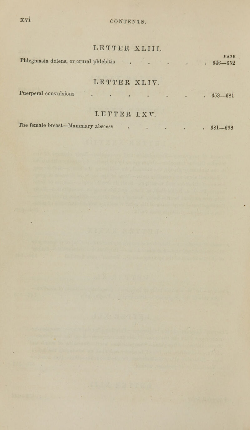 LETTER XLIII. PAGE Phlegmasia dolens, or crural phlebitis ..... 646—652 LETTER XLIY. Puerperal convulsions ..... 653 681 LETTER LXY, The female breast—Mammary abscess ..... 681—698