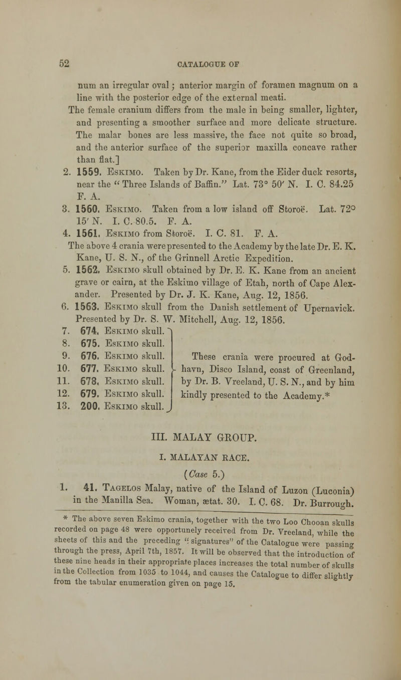 nura an irregular oval; anterior margin of foramen magnum on a line with the posterior edge of the external meati. The female cranium differs from the male in being smaller, lighter, and presenting a smoother surface and more delicate structure. The malar bones are less massive, the face not quite so broad, and the anterior surface of the superior maxilla concave rather than flat.] 2. 1559. Eskimo. Taken by Dr. Kane, from the Eider duck resorts, near the  Three Islands of Baffin. Lat. 73° 50' N. I. C 84.25 F. A. 3. 1560. Eskimo. Taken from a low island off Storoe. Lat. 72° 15' N. I. C. 80.5. F. A. 4. 1561. Eskimo from Storoe. I. C. 81. F. A. The above 4 crania were presented to the Academy by the late Dr. E. K. Kane, U. S. N., of the Grinnell Arctic Expedition. 5. 1562, Eskimo skull obtained by Dr. E. K. Kane from an ancient grave or cairn, at the Eskimo village of Etah, north of Cape Alex- ander. Presented by Dr. J. K. Kane, Aug. 12, 1856. 6. 1563. Eskimo skull from the Danish settlement of Upernavick. Presented by Dr. S. W. Mitchell, Aug. 12, 1856. 7. 674, Eskimo skull. 8. 675. Eskimo skull. 9. 676. Eskimo skull. 10. 677. Eskimo skull. 11. 678. Eskimo skull. 12. 679. Eskimo skull. 13. 200. Eskimo skull. These crania were procured at God- havn, Disco Island, coast of Greenland, by Dr. B. Vreeland, U. S. N., and by him kindly presented to the Academy.* 1. III. MALAY GROUP. I. MALAYAN RACE. (Case 5.) 41. Tagelos Malay, native of the Island of Luzon (Luconia) in the Manilla Sea. Woman, aetat. 30. I. C. 68. Dr. Burrou«-h. * The above seven Eskimo crania, together with the two Loo Chooan skulls recorded on page 48 were opportunely received from Dr. Vreeland, while the sheets of this and the preceding <f signatures of the Catalogue we're passing through the press, April 7th, 1857. It will be observed that the introduction o°f these nine heads in their appropriate places increases the total number of skulls in the Collection from 1035 to 1044, and causes the Catalogue to differ slightly from the tabular enumeration given on page 15.