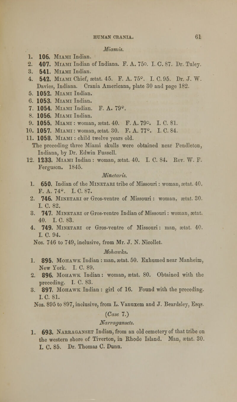 Miamis. 1. 106. Miami Indian. 2. 407. Miami Indian of Indiana. F. A. 75o. I. C. 87. Dr. Tuley. 3. 541. Miami Indian. 4. 542. Miami Chief, eetat. 45. F. A. 759. I. C.95. Dr. J. W. Davies, Indiana. Crania Americana, plate 30 and page 182. 5. 1052. Miami Indian. 6. 1053. Miami Indian. 7. 1054. Miami Indian. F. A. 79°. 8. 1056. Miami Indian. 9. 1055. Miami : woman, setat. 40. F. A. 79°. I. C. 81. 10. 1057. Miami : woman, setat. 30. F. A. 77°. I. C. 84. 11. 1058. Miami : child twelve years old. The preceding three Miami skulls were obtained near Pendleton, Indiana, by Dr. Edwin Fussell. 12. 1233. Miami Indian : woman, setat. 40. I. C. 84. Rev. W. F. Ferguson. 1845. Minetaris. 1. 650. Indian of the Minetari tribe of Missouri: woman, setat. 40. F. A. 74°. I. C. 87. 2. 746. Minetari or G-ros-ventre of Missouri: woman, setat. 30. I. C. 82. 3. 747. Minetari or Gros-ventre Indian of Missouri: woman, setat. 40. I. C. 83. 4. 749. Minetari or Gros-ventre of Missouri: man, setat. 40. I. C. 94. Nos. 746 to 749, inclusive, from Mr. J. N. Nicollet. Mohawks. 1. 895. Mohawk Indian : man, setat. 50. Exhumed near Manheim, New York. I. C. 89. 2. 896. Mohawk Indian: woman, setat. 80. Obtained with the preceding. I. C. 83. 3. 897. Mohawk Indian : girl of 16. Found with the preceding. I. C. 81. Nos. 895 to 897, inclusive, from L. Vanuxem and J. Beardsley, Esqs. (Case 7.) Narragansets. 1. 693. Narraganset Indian, from an old cemetery of that tribe on the western shore of Tiverton, in Rhode Island. Man, aetat. 30. I. C. 85. Dr. Thomas C. Dunn.