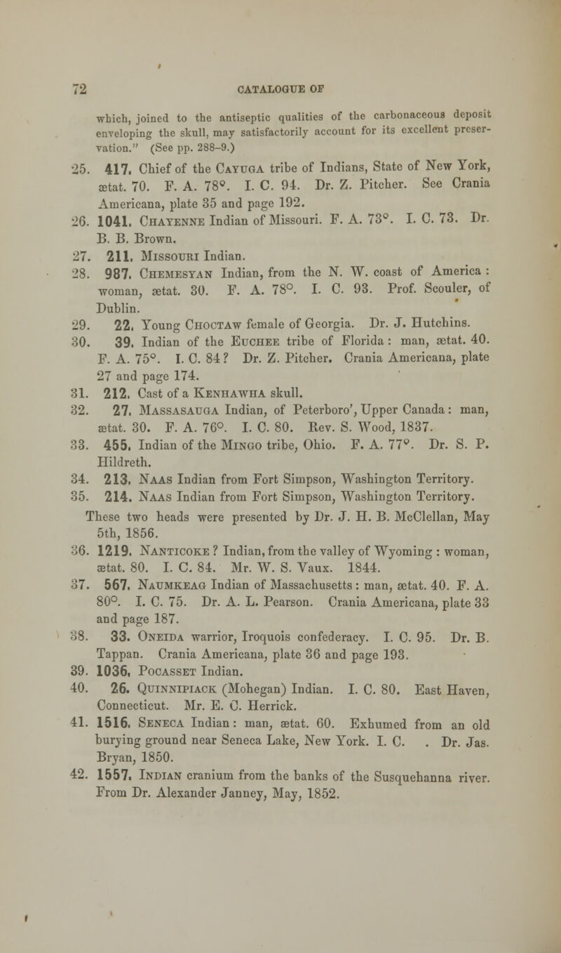 which, joined to the antiseptic qualities of the carbonaceous deposit enveloping the skull, may satisfactorily account for its excellent preser- vation. (See pp. 288-9.) •25. 417. Chief of the Cayuga tribe of Indians, State of New York, aetat. 70. F. A. 78°. I. C. 94. Dr. Z. Pitcher. See Crania Americana, plate 35 and page 192. 26. 1041. Chayenne Indian of Missouri. F. A. 73°. I. C. 73. Dr. B. B. Brown. 27. 211. Missouri Indian. 28. 987. Chemesyan Indian, from the N. W. coast of America : woman, jetat. 30. F. A. 78°. I. C 93. Prof. Scouler, of Dublin. 29. 22, Young Choctaw female of Georgia. Dr. J. Hutchins. 30. 39. Indian of the Euchee tribe of Florida : man, aetat. 40. F. A. 75°. I. C. 84? Dr. Z. Pitcher. Crania Americana, plate 27 and page 174. 31. 212. Cast of a Kenhawha skull. 32. 27. Massasauga Indian, of Peterboro', Upper Canada: man, cetat. 30. F. A. 76°. I. C. 80. Rev. S. Wood, 1837. 33. 455. Indian of the Mingo tribe, Ohio. F. A. 77°. Dr. S. P. Hildreth. 34. 213. Naas Indian from Fort Simpson, Washington Territory. 35. 214. Naas Indian from Fort Simpson, Washington Territory. These two heads were presented by Dr. J. H. B. McClellan, May 5th, 1856. 36. 1219. Nanticoke ? Indian, from the valley of Wyoming : woman, aetat. 80. I. C. 84. Mr. W. S. Vaux. 1844. 37. 567. Naumkeag Indian of Massachusetts : man, aetat. 40. F. A. 80°. I. C. 75. Dr. A. L. Pearson. Crania Americana, plate 33 and page 187. 38. 33. Oneida warrior, Iroquois confederacy. I. C. 95. Dr. B. Tappan. Crania Americana, plate 36 and page 193. 39. 1036, Pocasset Indian. 40. 26. Quinnipiack (Mohegan) Indian. I. C. 80. East Haven, Connecticut. Mr. E. C. Herrick. 41. 1516. Seneca Indian: man, aetat. 60. Exhumed from an old burying ground near Seneca Lake, New York. I. C. . Dr. Jas. Bryan, 1850. 42. 1557. Indian cranium from the banks of the Susquehanna river. From Dr. Alexander Janney, May, 1852.