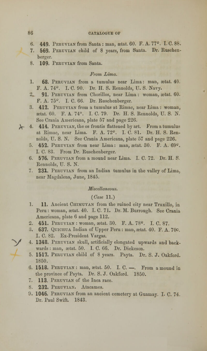 6. 449. Peruvian from Santa : man, aetat. 60. F. A. 77°. I. C. 88. 7. 569. Peruvian child of 8 years, from Santa. Dr. Ruschen- berger. 8. 109. Peruvian from Santa. From Lima. 1. 68. Peruvian from a tumulus near Lima: man, aetat. 40. F. A. 74°. I. C 90. Dr. H. S. Rennolds, U. S. Navy. 2. 91. Peruvian from Chorillos, near Lima: woman, aetat. 60. F. A. 75°. I. C. 66. Dr. Ruschenberger. 3. 412, Peruvian from a tumulus at Rimac, near Lima : woman, setat. 60. F. A. 74°. I. C. 79. Dr. H. S. Rennolds, U. S. N. See Crania Americana, plate 57 and page 226. )r 4. 414. Peruvian, the os frontis flattened by art. From a tumulus at Rimac, near Lima. F. A. 72°. I. C 81. Dr. H. S. Ren- nolds, U. S. N. See Crania Americana, plate 57 and page 226. 5. 452. Peruvian from near Lima: man, setat. 30. F. A. 69c. I. C. 83. From Dr. Ruschenberger. 6. 576. Peruvian from a mound near Lima. I. C. 72. Dr. H. S. Rennolds, U. S. N. 7. 231. Peruvian from an Indian tumulus in the valley of Lima, near Magdalena, June, 1845. Miscellaneous. (Case 11.) 1. 11. Ancient Chimuyan from the ruined city near Truxillo, in Peru: woman, aetat. 40. I. C 71. Dr. M. Burrough. See Crania Americana, plate 6 and page 112. 2. 451. Peruvian : woman, aetat. 30. F. A. 78°. I. C. 87. 3. 637. Quichua Indian of Upper Peru: man, aetat. 40. F. A. 70c. I. C. 82. Ex-President Vargas. **^/ 4. 1348. Peruvian skull, artificially elongated upwards and back- wards : man, aetat. 50. I. C. 66. Dr. Dickeson. 5. 1517. Peruvian child of 8 years. Payta. Dr. S. J. Oakford. 1850. 6. 1518. Peruvian: man, aetat. 50. I. C. —. From a mound in the province of Payta. Dr. S.J. Oakford. 1850. 7. 113. Peruvian of the Inca race. 8. 232. Peruvian. Atacames. 9. 1046. Peruvian from an ancient cemetery at Guamay. I. C. 74. Dr. Paul Swift. 1843.