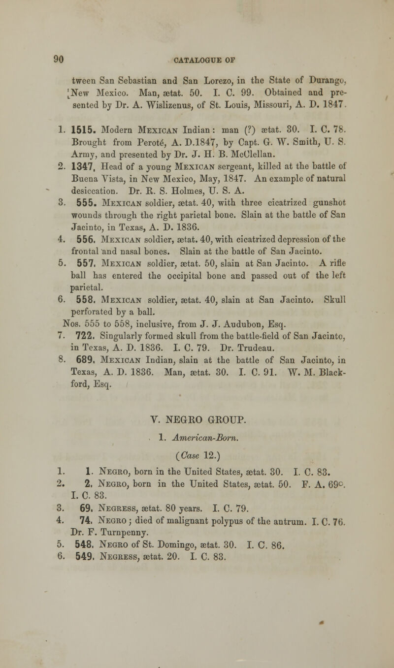 tween San Sebastian and San Lorezo, in the State of Durango. [New Mexico. Man, aetat. 50. I. C. 99. Obtained and pre- sented by Dr. A. Wislizenus, of St. Louis, Missouri, A. D. 1847. 1. 1515. Modern Mexican Indian: man (?) aetat. 30. I. C. 78. Brought from Perote, A. D.1847, by Capt. G. W. Smith, U. S. Army, and presented by Dr. J. H. B. McClellan. 2. 1347, Head of a young Mexican sergeant, killed at the battle of Buena Vista, in New Mexico, May, 1847. An example of natural desiccation. Dr. K. S. Holmes, U. S. A. 3. 555. Mexican soldier, aetat. 40, with three cicatrized gunshot wounds through the right parietal bone. Slain at the battle of San Jacinto, in Texas, A. D. 1836. 4. 556. Mexican soldier, aetat. 40, with cicatrized depression of the frontal and nasal bones. Slain at the battle of San Jacinto. 5. 557. Mexican soldier, aetat. 50, slain at San Jacinto. A rifle ball has entered the occipital bone and passed out of the left parietal. 6. 558. Mexican soldier, aetat. 40, slain at San Jacinto. Skull perforated by a ball. Nos. 555 to 558, inclusive, from J. J. Audubon, Esq. 7. 722. Singularly formed skull from the battle-field of San Jacinto, in Texas, A. D. 1836. I. C. 79. Dr. Trudeau. 8. 689, Mexican Indian, slain at the battle of San Jacinto, in Texas, A. D. 1836. Man, aetat. 30. I. C. 91. W. M. Black- ford, Esq. V. NEGRO GROUP. 1. American-Born. {Case 12.) 1. 1. Negro, born in the United States, aetat. 30. I. C. 83. 2. 2. Negro, born in the United States, aetat. 50. F. A. 69°. I. C. 83. 3. 69. Negress, aetat. 80 years. I. C. 79. 4. 74. Negro ; died of malignant polypus of the antrum. I. C. 76. Dr. F. Turnpenny. 5. 548. Negro of St. Domingo, aetat. 30. I. C. 86. 6. 549. Negress, aetat. 20. I. C. 83.
