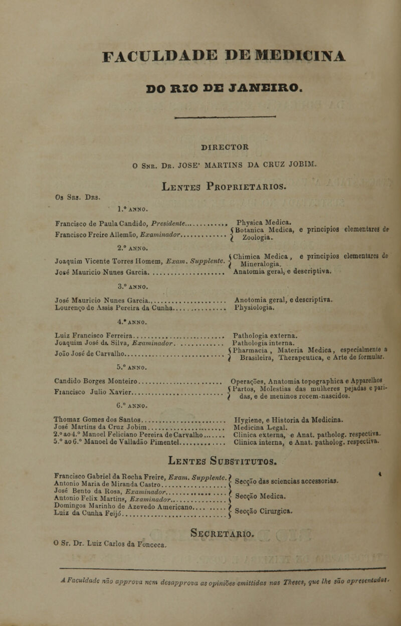 FACUL.DADE DE MEDICINA DO RIO DE JANEIRO. DIRECTOR O Snr. De. JOSÉ' MARTINS DA CRUZ JOBIM. Lentes Proprietários. Os Srs. Drs. I.8 AMUO. Francisco de Paula Cândido, Presidente Physica Medica. _ „..,..„.„.. $ Botânica Medica, e princípios elementares de Francisco Freire Allemao, Examinador < Zoologia. 2. ANNO. , „ IT „ , . S Chimica Medica, e princípios elementares de Joaquim \icente Torres Homem, Exam. Supplente. < Mineralogia José Mauricio Nunes Garcia Anatomia geral, e descriptiva. 3.° ANNO. José Mauricio Nune3 Garcia., Anotomia geral, e descriptiva. Lourenço de Assis Pereira da Cunha Physiologia. 4.* ANNO. Luiz Francisco Ferreira Pathologia externa. Joaquim José da. Silva, Examinador Pathologia interna. T„%inc'j.n ii„ (Pharmacia, Matéria Medica, especialmente s João José de Carvalho J Brasileira, Therapeutica, e Arte de formular. 5.° ANNO. Cândido Borges Monteiro Operações, Anatomia topographica e Apparelhos Fiancisco Júlio Xavier JPa,rto3> f^si™ da3 mulheres pejadas e pari- f das, e de meninos recem-nascidos. G.° ANNO. Thomaz Gomes dos Santos Hygiene, e Historia da Medicina. José Martins da Cruz Jobim Medicina Legal. 2.°ao4.° Manoel Feliciano Pereira de Carvalho Clinica externa, e Anat. patholog. respectiva. 5.° ao G.° Manoel de Valladão Pimentel Clinica interna, e Anat. patholog. respectiva. Lentes Substitutos. Francisco Gabriel da Rocha Freire, Exam. Supplente.} <-, - , •„„ * António Maria de Miranda Castro.. \ SecSa0 das ciências accessonas. José Bento da Rosa, Examinador ,,« / a _ ,. ,. António Félix Martins, Examinador \ Sec^a0 Medica- Domingos Marinho de Azevedo Americano >0 ~ „. Luiz da Cunha Feijó \ Secção Cirúrgica. Secretario. O Sr. Dr. Luiz Carlos da Fonceca. A Faculdade não approva mm desapprova as opiniões emittidas nas Theses, que lhe são oprtstntudat.