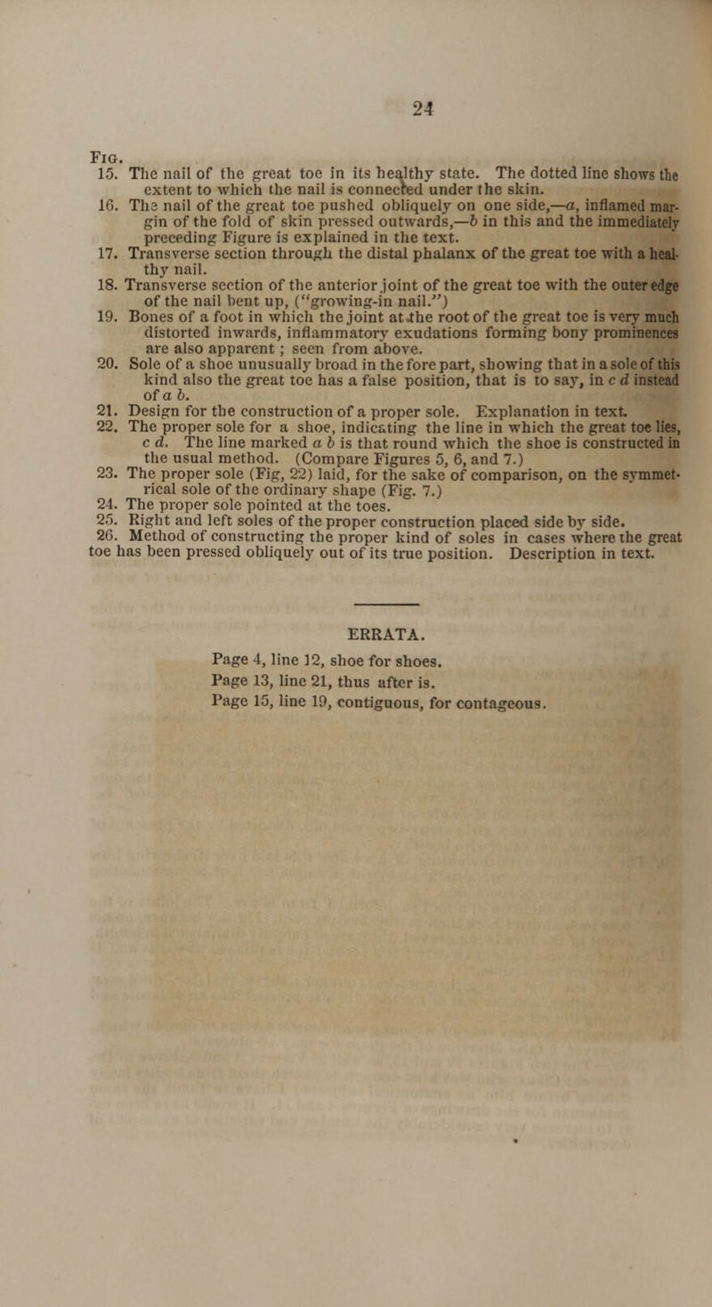 Fig. 15. The nail of the great toe in its healthy state. The dotted line shows the extent to which the nail is connected under the skin. 16. Tha nail of the great toe pushed obliquely on one side,—a, inflamed mar- gin of the fold of skin pressed outwards,—6 in this and the immediately preceding Figure is explained in the text. 17. Transverse section through the distal phalanx of the great toe with a heal- thy nail. 18. Transverse section of the anterior .joint of the great toe with the outer edge of the nail bent up, (growing-in nail/') 19. Bones of a foot in which the joint at.the root of the great toe is very much distorted inwards, inflammatory exudations forming bony prominences are also apparent; seen from above. 20. Sole of a shoe unusually broad in the fore part, showing that in a sole of this kind also the great toe has a false position, that is to say, in c d instead of a b. 21. Design for the construction of a proper sole. Explanation in text 22. The proper sole for a shoe, indicating the line in which the great toe lies, c d. The line marked a b is that round which the shoe is constructed in the usual method. (Compare Figures 5, 6, and 7.) 23. The proper sole (Fig, 22) laid, for the sake of comparison, on the symmet- rical sole of the ordinary shape (Fig. 7.) 24. The proper sole pointed at the toes. 25. Right and left soles of the proper construction placed side by side. 26. Method of constructing the proper kind of soles in cases where the great toe has been pressed obliquely out of its time position. Description in text. ERRATA. Page 4, line 12, shoe for shoes. Page 13, line 21, thus after is. Page 15, line 19, contiguous, for contageous.