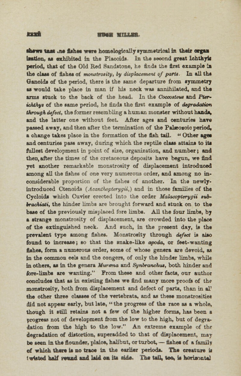 shows too* jjo fishes ware homelogieally symmetrical in thair orgaa iaation, u exhibited in the Plaooids. In the second great ichthyit period, that of the Old Red Sandstone, he finds the Ant example la the olaae of fishes of momtrotity, by displacement of part*. In all th* Ganoid* of the period, there is the same departure from symmetry as would take place in man if his neck was annihilated, and the arms stuck to the back of the head. In the Coccotteut and Pier- ichthyt of the same period, he finds the first example of degradation through defect, the former resembling a human monster without hands, and the latter one without feet. After ages and centuries hare passed away, and then after the termination of the Palasosoic period, a change takes place in the formation of the fish tail.  Other ages and centuries pass away, during which the reptile class attains to its fullest development in point of size, organization, and number; and then, after the times of the cretaceous deposits have begun, we find yet another remarkable monstrosity of displacement introduced among all the fishes of one very numerous order, and among no in- considerable proportion of the fishes of another. In the newly- introduced Ctenoids (Acanthopterygii,) and in those families of the Cycloids which Cuvier erected into the order Malacopterygii $ub- brachiati, the hinder limbs are brought forward and stuck on to the base of the previously misplaced fore limbs. All the four limbs, by a strange monstrosity of displacement, are crowded into the place of the extinguished neck. And such, in the present day, is the prevalent type among fishes. Monstrosity through defect is also found to increase; so that the snake-like apoda, or feet-wanting fishes, form a numerous order, some of whose genera are devoid, as in the common eels and the congers, of only the hinder limbs, while in others, as in the genera Murtma and Synbranchiu, both hinder and fore-limbs are wanting. From these and other facts, our author concludes that as in existing fishes we find many more proofs of the monstrosity, both from displacement and defect of parts, than in al' the other three classes of the vertebrata, and as these monstrosities did not appear early, but late,  the progress of the race as a whole, though it still retains not a few of the higher forms, has been a progress not of development from the low to the high, but of degra- dation from the high to the low. An extreme example of the degradation of distortion, superadded to that of displacement, may be seen in the flounder, plaice, halibut, or turbot, — fishes of a family of which that* is no trace in the earlier periods. The creature it t wfated half rvud sad laid on its side. Tha tail, too, is horiaoatal