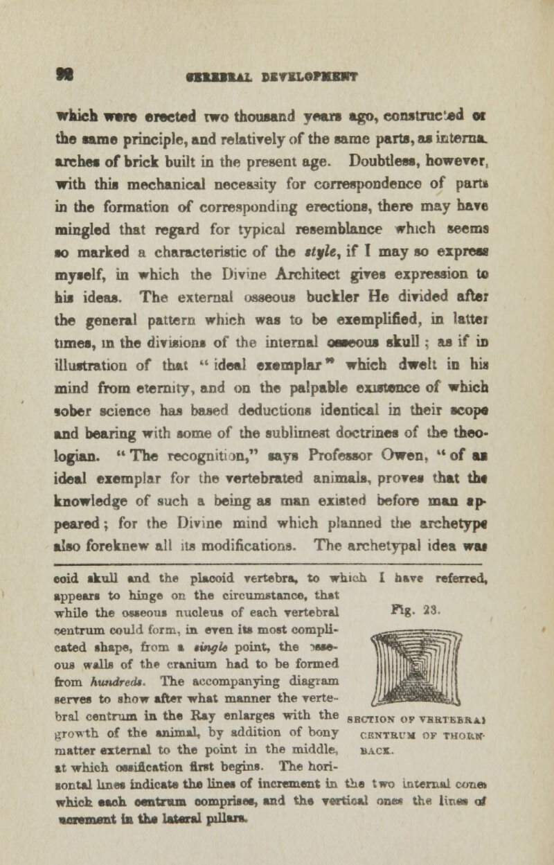 M «biimul mvilofmbbt which were erected two thousand years ago, constructed et the same principle, and relatively of the same parts, as interna. arches of brick built in the present age. Doubtless, however, with this mechanical necessity for correspondence of part* in the formation of corresponding erections, there may hare mingled that regard for typical resemblance which seems so marked a characteristic of the style, if I may so express myself, in which the Divine Architect gives expression to his ideas. The external osseous buckler He divided after the general pattern which was to be exemplified, in latter times, in the divisions of the internal osseous skull; as if in illustration of that  ideal exemplar ** which dwelt in his mind from eternity, and on the palpable existence of which sober science haa based deductions identical in their scope and bearing with some of the sublimest doctrines of the theo- logian. The recognition, says Professor Owen, Mof as ideal exemplar for the vertebrated animals, proves that th« knowledge of such a being as man existed before man ap- peared ; for the Divine mind which planned the archetype also foreknew all its modifications. The archetypal idea was eoid skull and the placoid vertebra, to which I have referred, appears to hinge on the circumstance, that while the osseous nucleus of each vertebral centrum could form, in eren its most compli- cated shape, from a tingle point, the osse- ous walls of the cranium had to be formed from hundred*. The accompanying diagram serves to show after what manner the verte- bral centrum in the Ray enlarges with the 8BCTIOn of vertebra.) growth of the animal, by addition of bony centrum of thorw- matter external to the point in the middle, back. at which ossification first begins. The hori- sontal lines indicate the lines of increment in the two internal cone* which each centrum comprises, and the vertical one* the lines <rf vcrement is the lateral pillars.
