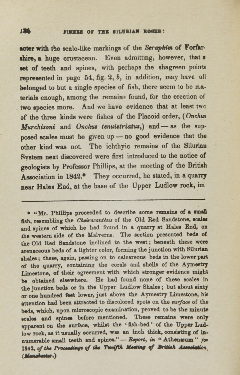 ill ritma op thx tixinuA* iocjks: •cter with the scale-like markings of the Seraphim of Forfar- shire, a huge crustacean. Even admitting, however, that • set of teeth and spines, with perhaps the shagreen points represented in page 54, fig. 2, b, in addition, may have all belonged to but a single species of fish, there seem to be ma- terials enough, among the remains found, for the erection of two species more. And we have evidence that at least two of the three kinds were fishes of the Placoid order, (Onchus Murchisoni and Onchus tenuistriatut,) and—as the sup- posed scales must be given up — no good evidence that the other kind was not. The ichthyic remains of the Silurian Svstem next discovered were first introduced to the notice of geologists by Professor Phillips, at the meeting of the British Association in 1842.* They occurred, he stated, in a quarry near Hales End, at the base of the Upper Ludlow rock, im •  Mr. PMllipf proceeded to describe •ome remain* of a small fish, resembling the Cheiracanthtu of the Old Red Sandstone, scales and spines of which he had found in a quarry at Hales End, on the western side of the Malverns. The section presented beds of the Old Red Sandstone inclined to the west; beneath these were arenaceous beds of a lighter color, forming the junction with Silurian shales; these, again, passing on to calcareous beds in the lower part of the quarry, containing the corals and shells of the Aymestry Limestone, of their agreement with which stronger evidence might be obtained elsewhere. He had found none of these scales in the junction beds or in the Upper Ludlow Shales ; but about sixtj or one hundred feet lower, just abore the Aymestry Limestone, his attention had been attracted to discolored spots on the surface of the beds, which, upon microscopic examination, proved to be the minute scales and spines before mentioned. These remains were only apparent on the surface, whilst the «fish-bed' of the Upper Lud- low rock, as it usually occurred, was an inch thick, consisting of in- numerable small teeth and spines. — Report, in  Athensjum  foe 1842, oft** Profdingi of tJ» Tweiflk Mottimf of British Association (MtMtkttttT )