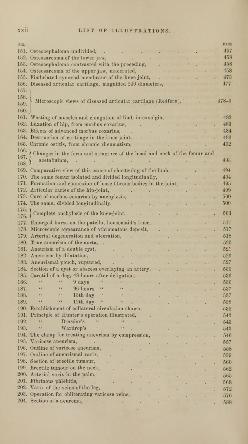 acetabulum, ........ 493 XX11 LIST OF ILLUSTRATIONS. FIQ. PAGE 161. Osteocephaloma undivided, ....... 457 152. Osteosarcoma of the lower jaw, ...... 458 153. Osteocephaloma contrasted with the preceding, .... 458 154. Osteosarcoma of the upper jaw, macerated, .... 458 155. Fimbriated synovial membrane of the knee joint, .... 473 156. Diseased articular cartilage, magnified 240 diameters, . . 477 157.] 158 I ,kq [- Microscopic views of diseased articular cartilage (Redfern), . 478-9 160. j 161. Wasting of muscles and elongation of limb in coxalgia, . . 482 162. Luxation of hip, from morbus coxarius, ..... 483 163. Effects of advanced morbus coxarius, ..... 484 164. Destruction of cartilage in the knee-joint, ..... 486 165. Chronic ostitis, from chronic rheumatism, .... 492 166. 167. 168. 169. Comparative view of this cause of shortening of the limb, . 494 170. The same femur isolated and divided longitudinally, . . . 494 171. Formation and connexion of loose fibrous bodies in the joint, . . 495 172. Articular caries of the hip-joint, ..... 499 173. Cure of morbus coxarius by anchylosis, . 500 174. The same, divided longitudinally, ..... 500 175 ~l 17fi' f Complete anchylosis of the knee-joint, ..... 503 177. Enlarged bursa on the patella, housemaid's knee. . . . 511 178. Microscopic appearance of athromatous deposit, .... 517 179. Arterial degeneration and ulceration, ..... 518 180. True aneurism of the aorta, . ...... 520 181. Aneurism of a double cyst, ...... 521 182. Aneurism by dilatation, ....... 526 183. Aneurismal pouch, ruptured, ...... 527 184. Section of a cyst or abscess overlaying an artery, .... 530 185. Carotid of a dog, 48 hours after deligation, .... 536 186.   9 days •■..... 536 187.   96 hours ..... 537 188.   13th day   . . . . 537 189. ••  12th day   . . . . . 538 190. Establishment of collateral circulation shown, .... 539 191. Principle of Hunter's operation illustrated, . . . . 543 192.  Brasdor's   .... 543 193.  Wardrop's  ..... 543 194. The clamp for treating aneurism by compression, . . . 546 195. Varicose aneurism, ...... 557 196. Outline of vai-icose aneurism, ... . . 558 197. Outline of aneurismal varix, ...... 559 198. Section of erectile tumour, , . ,%o 199. Erectile tumour on the neck, ...... 562 200. Arterial varix in the palm, ... 565 201. Fibrinous phlebitis, ...... 553 202. Varix of the veins of the leg, ... _ 572 203. Operation for obliterating varicose veins, . . . 576 204. Section of a neuroma, ...... 533