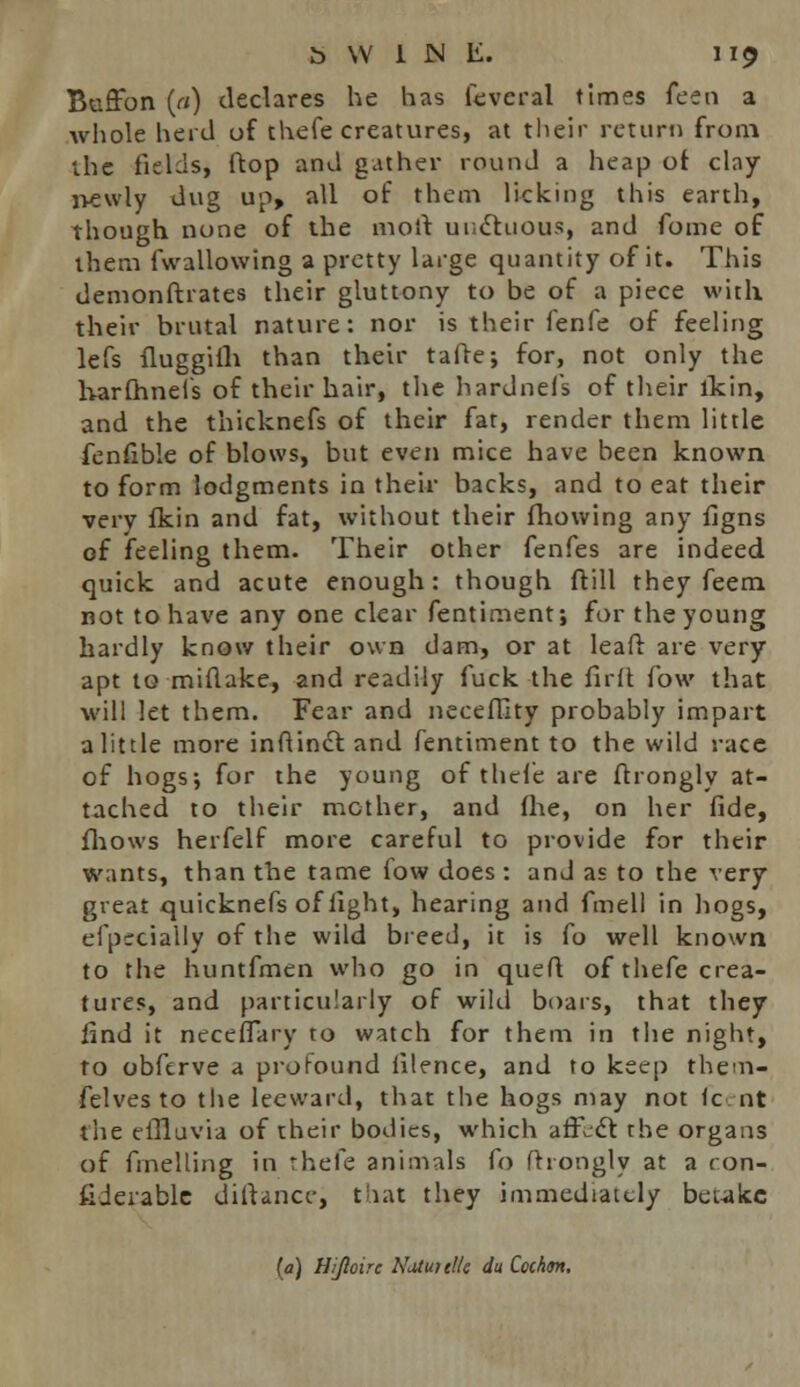 Buffon (a) declares he has feveral times fcen a whole herd of thefe creatures, at their return from the fields, flop and gather round a heap of clay lvewly dug up, all of them licking this earth, though none of the moft unctuous, and fome of them fwallowing a pretty large quantity of it. This demonstrates their gluttony to be of a piece with their brutal nature: nor is their fenfe of feeling lefs fluggilh than their tafie; for, not only the harfhneis of their hair, the hardnefs of their lkin, and the thicknefs of their fat, render them little fenfible of blows, but even mice have been known to form lodgments in their backs, and to eat their very fkin and fat, without their fhowing any figns of feeling them. Their other fenfes are indeed quick and acute enough: though ftill they feem not to have any one clear fentiment; for the young hardly know their own dam, or at leaft are very apt to miflake, and readily fuck the fait fow that will let them. Fear and neceffity probably impart a little more inftinct and fentiment to the wild race of hogs; for the young of thefe are ftrongly at- tached to their mother, and (he, on her fide, fhows herfelf more careful to provide for their wants, than the tame low does : and as to the very great quicknefs of light, hearing and fmell in hogs, efpeeially of the wild breed, it is fo well known to the huntfmen who go in queft of thefe crea- tures, and particularly of wild boars, that they find it neceffary to watch for them in the night, to obftrve a profound iilence, and to keep them- selves to the leeward, that the hogs may not fcent the effluvia of their bodies, which affect the organs of fmelling in thefe animals fo ftrongly at a con- fijerable diftance, that they immediately beukc (a) Hijloirc Natuielle du Ccc/um,