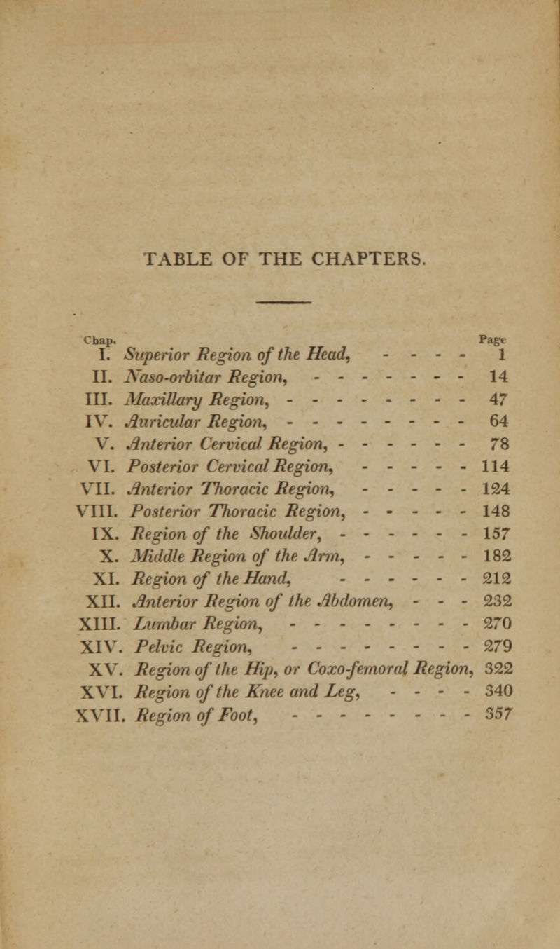 TABLE OF THE CHAPTERS. Chap. Pagt I. Superior Region of the Head, .... i II. Naso-orbitar Region, -- 14 III. Maxillary Region, 47 IV. Auricular Region, 64 V. interior Cervical Region, 78 VI. Posterior Cervical Region, 114 VII. interior Thoracic Region, 124 VIII. Posterior Thoracic Region, 148 IX. Region of the Shoulder, 157 X. Middle Region of the Arm, 182 XI. Region of the Hand, 212 XII. Anterior Region of the Abdomen, - - - 232 XIII. Lumbar Region, 270 XIV. Pelvic Region, 279 XV. Region of the Hip, or Coxo-femoral Region, 322 XVI. Region of the Knee and Leg, -'-.-- 340 WW. Region of Foot, 357