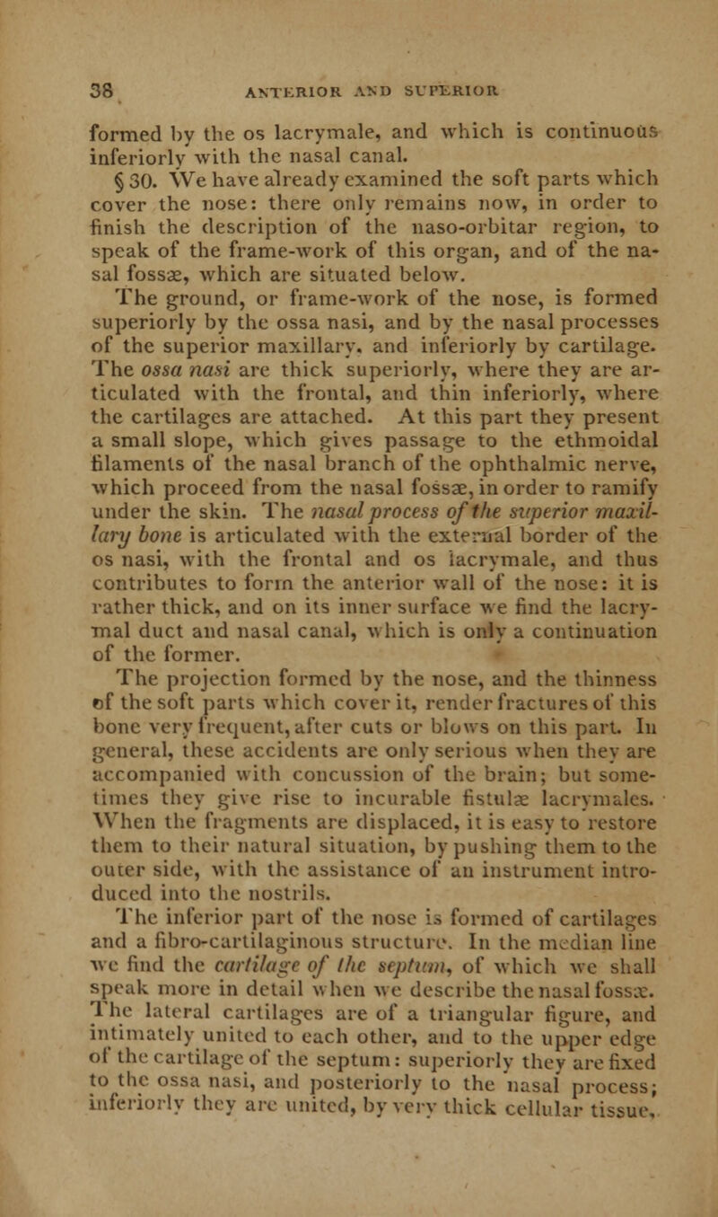 formed by the os lacrymale, and which is continuous inferiorly with the nasal canal. §30. We have already examined the soft parts which cover the nose: there only remains now, in order to finish the description of the naso-orbitar region, to speak of the frame-work of this organ, and of the na- sal fossae, which are situated below. The ground, or frame-work of the nose, is formed superiorly by the ossa nasi, and by the nasal processes of the superior maxillary, and inferiorly by cartilage. The ossa nasi are thick superiorly, where they are ar- ticulated with the frontal, and thin inferiorly, where the cartilages are attached. At this part they present a small slope, which gives passage to the ethmoidal filaments of* the nasal branch of the ophthalmic nerve, which proceed from the nasal fossae, in order to ramify under the skin. The nasal process of the superior maxil- lary bone is articulated with the external border of the os nasi, with the frontal and os lacrymale, and thus contributes to form the anterior wall of the nose: it is rather thick, and on its inner surface we find the lacri- mal duct and nasal canal, which is only a continuation of the former. The projection formed by the nose, and the thinness of the soft parts which cover it, render fractures of this bone very frequent, after cuts or blows on this part. In general, these accidents are only serious when they are accompanied with concussion of the brain; but some- times they give rise to incurable fistulae lacrymales. When the fragments are displaced, it is easy to restore them to their natural situation, by pushing them to the outer side, with the assistance of an instrument intro- duced into the nostrils. The inferior part of the nose !.-> formed of cartilages and a fibrocartilaginous structure. In the median line we find the cartilage of the septum, of which we shall speak more in detail when we describe the nasal fossa:. The lateral cartilages are of a triangular figure, and intimately united to each other, and to the upper edge of the cartilage of the septum: superiorly they are fixed to the ossa nasi, and posteriorly to the nasal process; inferiorly they are united, by very thick cellular tissue,'
