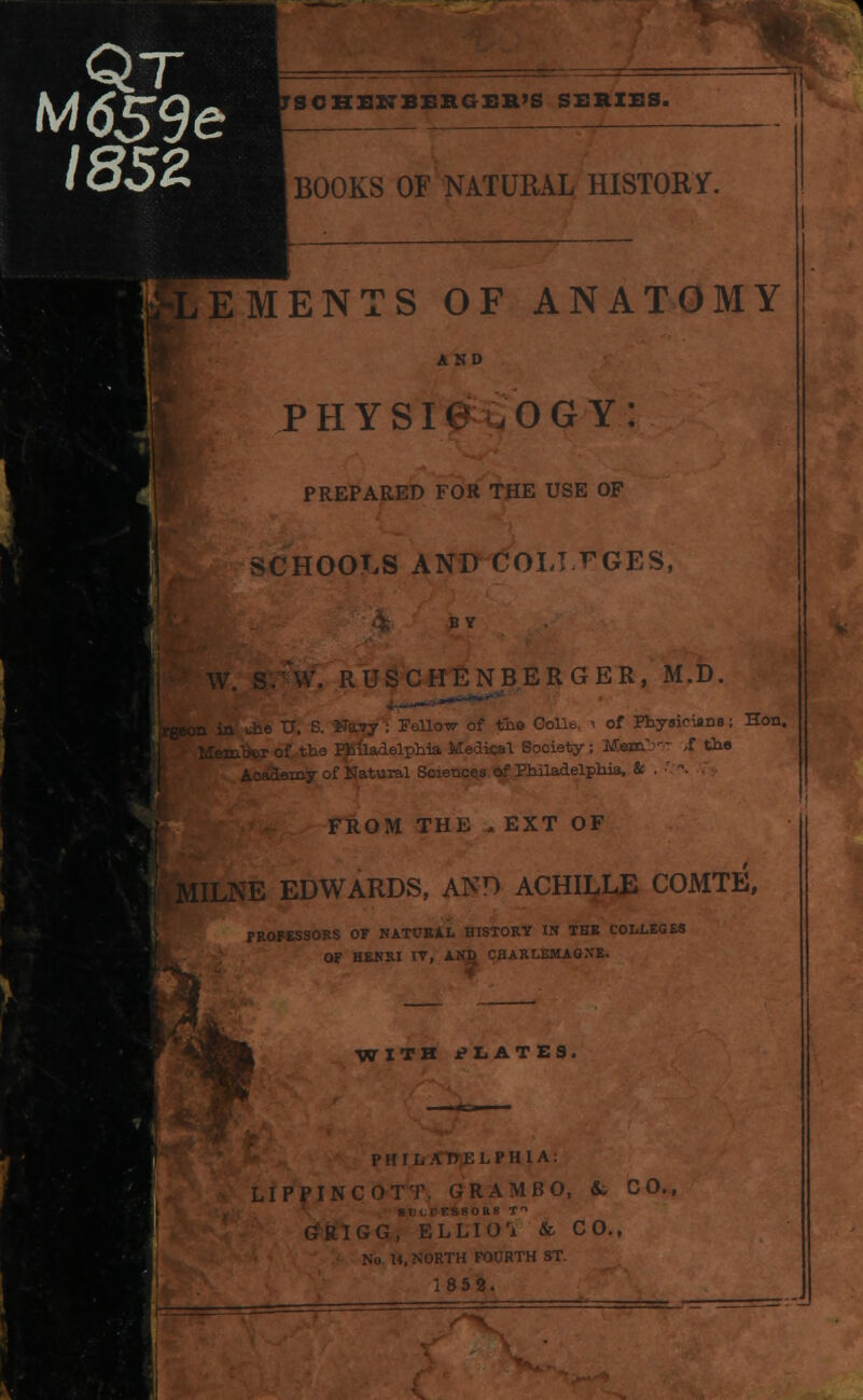 SCHEKBERGER'S SERIES. BOOKS OF NATURAL HISTORY. Elements of anatomy i AND physiology: PREPARED FOR THE USE OF SCHOOLS AND COLTTGES, B Y IUSCHENBERGER, M.D. Fellow of the Collb, i of Physicians; Hon. phia Medical Society ; MemV -f tha Natural Sciences of Philadelphia, & FROM THE . EXT OF IE EDWARDS, AND ACHILLE COMTE, PROFESSORS OF NATURAL HISTORY IN THE COLLEGES OF HENRI IT, AND CHARLEMAGNE. ■WITH j?L ATES, PHILADELPHIA: LIPPINCOTT, GRAMBO, &- CO., TS80BS T ORIGG, ELLIOi & CO., fo. 14, NORTH FOURTH ST. 18 5 2. i ___ t. .