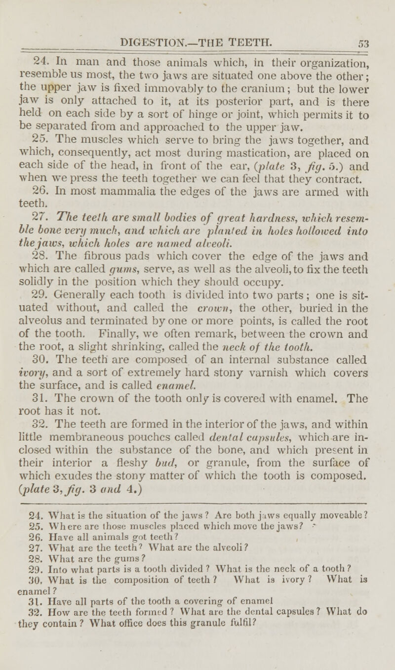 24. In man and those animals which, in their organization, resemble us most, the two jaws are situated one above the other; the upper jaw is fixed immovably to the cranium; but the lower jaw is only attached to it, at its posterior part, and is there held on each side by a sort of hinge or joint, which permits it to be separated from and approached to the upper jaw. 25. The muscles which serve to bring the jaws together, and which, consequently, act most during mastication, are placed on each side of the head, in front of the ear, (plate 3, Jig. 5.) and when we press the teeth together we can feel that they contract. 26. In most mammalia the edges of the jaws are armed with teeth. 27. The teelh are small bodies of great hardness, ivhich resem- ble bone very much, and which are planted in holes hollowed into the jaws, which holes are named alveoli. 28. The fibrous pads which cover the edge of the jaws and which are called gums, serve, as well as the alveoli, to fix the teeth solidly in the position which they should occupy. 29. Generally each tooth is divided into two parts ; one is sit- uated without, and called the crown, the other, buried in the alveolus and terminated by one or more points, is called the root of the tooth. Finally, we often remark, between the crown and the root, a slight shrinking, called the neck of the tooth. 30. The teeth are composed of an internal substance called ivory, and a sort of extremely hard stony varnish which covers the surface, and is called enamel. 31. The crown of the tooth only is covered with enamel. The root has it not. 32. The teeth are formed in the interior of the jaws, and within little membraneous pouches called dental capsules, which are in- closed within the substance of the bone, and which present in their interior a fleshy bud, or granule, from the surface of which exudes the stony matter of which the tooth is composed. (plate 3, Jig. 3 and 4.) 24. What is the situation of the jaws ? Are both jaws equally moveable? 25. Where are those muscles placed which move the jaws? •' 26. Have all animals got teeth? 27. What are the teeth'' What are the alveoli? 28. What are the gums ? 29. Into what parts is a tooth divided ? What is the neck of a tooth ? 30. What is the composition of teeth ? What is ivory ? What is enamel ? 31. Have all parts of the tooth a covering of enamel 32. How are the teeth formed ? What are the dental capsules ? What do they contain? What office does this granule fulfil?