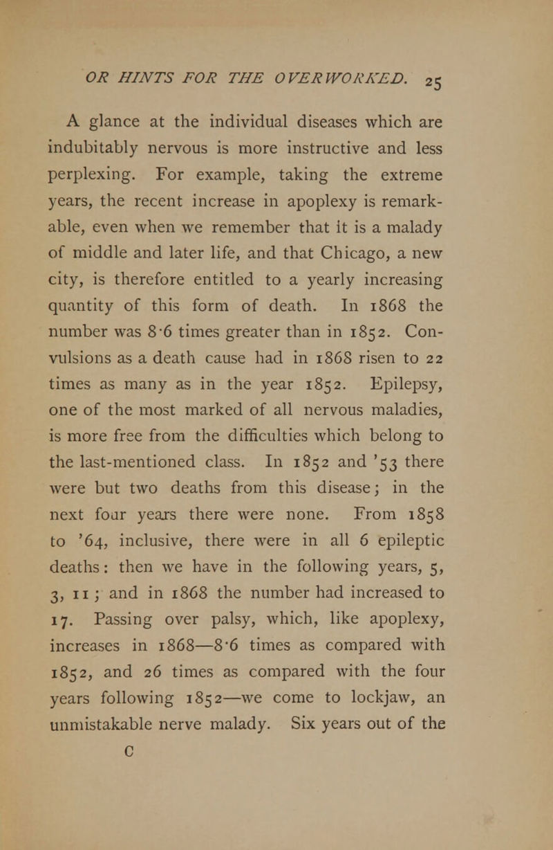 A glance at the individual diseases which are indubitably nervous is more instructive and less perplexing. For example, taking the extreme years, the recent increase in apoplexy is remark- able, even when we remember that it is a malady of middle and later life, and that Chicago, a new city, is therefore entitled to a yearly increasing quantity of this form of death. In 1868 the number was 8 6 times greater than in 1852. Con- vulsions as a death cause had in 1868 risen to 22 times as many as in the year 1852. Epilepsy, one of the most marked of all nervous maladies, is more free from the difficulties which belong to the last-mentioned class. In 1852 and '53 there were but two deaths from this disease; in the next four years there were none. From 1858 to '64, inclusive, there were in all 6 epileptic deaths: then we have in the following years, 5, 3, 11; and in 1868 the number had increased to 17. Passing over palsy, which, like apoplexy, increases in 1868—8 6 times as compared with 1852, and 26 times as compared with the four years following 1852—we come to lockjaw, an unmistakable nerve malady. Six years out of the C