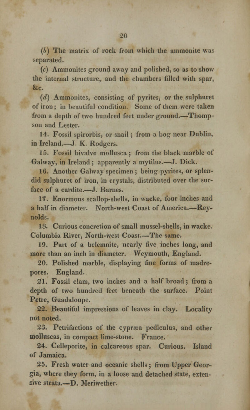 (b) The matrix of rock from which the ammonite was separated. (c) Ammonites ground away and polished, so as to show the internal structure, and the chambers filled with spar, &c. (d) Ammonites, consisting of pyrites, or the sulphuret of iron; in beautiful condition. Some of them were taken from a depth of two hundred feet under ground.—Thomp- son and Lester. 14. Fossil spirorbis, or snail; from a bog near Dublin, in Ireland.—J K. Rodgers. 15. Fossil bivalve mollusca; from the black marble of Galway, in Ireland ; apparently a mytilus.—J. Dick. 16. Another Galway specimen ; being pyrites, or splen- did sulphuret of iron, in crystals, distributed over the sur- face of a cardite.—J. Barnes. 17. Enormous scallop-shells, in wacke, four inches and a half in diameter. North-west Coast of America.—Rey- nolds. 18. Curious concretion of small mussel-shells, in wacke. Columbia River, North-west Coast.—The same. 19. Part of a belemnite, nearly five inches long, and more than an inch in diameter. Weymouth, England. 20. Polished marble, displaying fine forms of madre- pores. England. 21. Fossil clam, two inches and a half broad; from a depth of two hundred feet beneath the surface. Point Petre, Guadaloupe. 22. Beautiful impressions of leaves in clay. Locality not noted. 23. Petrifactions of the cyprcea pediculus, and other molltiscas, in compact lime-stone. France. 24. Celleporite, in calcareous spar. Curious. Island of Jamaica. 25. Fresh water and oceanic shells; from Upper Geor- gia, where they form, in a loose and detached state, exten- sive strata.—D. Meriwether.
