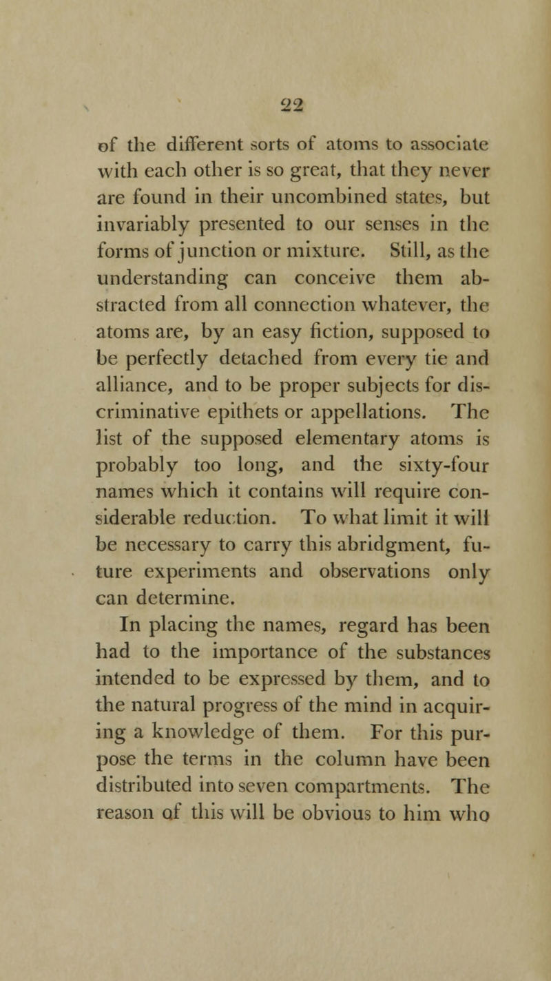 Q<7 of the different sorts of atoms to associate with each other is so great, that they never are found in their uncomhined states, but invariably presented to our senses in the forms of junction or mixture. Still, as the understanding can conceive them ab- stracted from all connection whatever, the atoms are, by an easy fiction, supposed to be perfectly detached from every tie and alliance, and to be proper subjects for dis- criminative epithets or appellations. The list of the supposed elementary atoms is probably too long, and the sixty-four names which it contains will require con- siderable reduction. To what limit it will be necessary to carry this abridgment, fu- ture experiments and observations only can determine. In placing the names, regard has been had to the importance of the substances intended to be expressed by them, and to the natural progress of the mind in acquir- ing a knowledge of them. For this pur- pose the terms in the column have been distributed into seven compartments. The reason of this will be obvious to him who