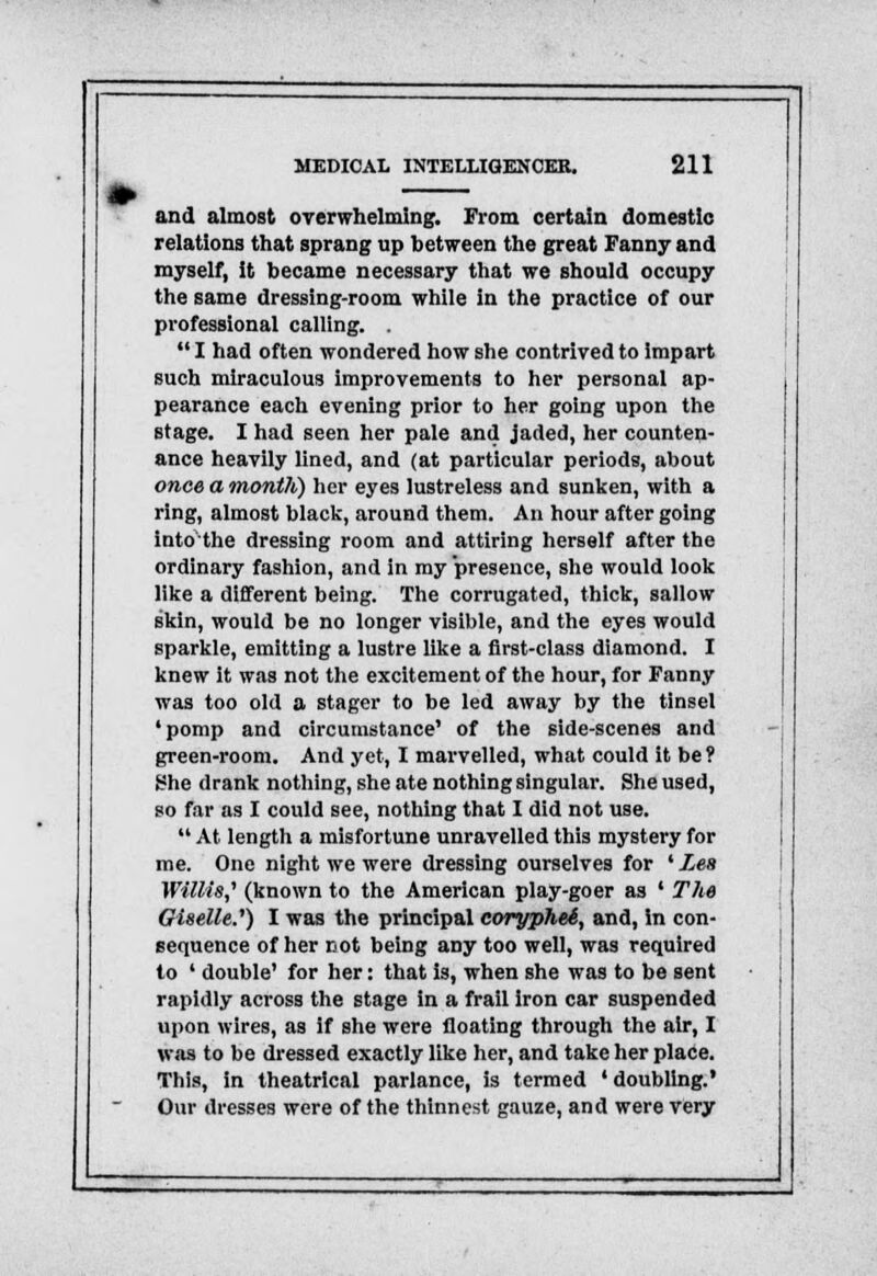 and almost overwhelming. From certain domestic relations that sprang up between the great Fanny and myself, it became necessary that we should occupy the same dressing-room while in the practice of our professional calling. .  I had often wondered how she contrived to impart such miraculous improvements to her personal ap- pearance each evening prior to her going upon the stage. I had seen her pale and jaded, her counten- ance heavily lined, and (at particular periods, about once a month) her eyes lustreless and sunken, with a ring, almost black, around them. An hour after going intothe dressing room and attiring herself after the ordinary fashion, and in my presence, she would look like a different being. The corrugated, thick, sallow skin, would be no longer visible, and the eyes would sparkle, emitting a lustre like a first-class diamond. I knew it was not the excitement of the hour, for Fanny was too old a stager to be led away by the tinsel 'pomp and circumstance' of the side-scenes and green-room. And yet, I marvelled, what could it be ? She drank nothing, she ate nothing singular. She used, so far as I could see, nothing that I did not use.  At length a misfortune unravelled this mystery for me. One night we were dressing ourselves for ' Lea Willis,'1 (known to the American play-goer as ' The Giselle.') I was the principal coryphei, and, in con- sequence of her not being any too well, was required to ' double' for her: that is, when she was to be sent rapidly across the stage in a frail iron car suspended upon wires, as if she were floating through the air, I was to be dressed exactly like her, and take her place. This, in theatrical parlance, is termed ' doubling.' Our dresses were of the thinnest gauze, and were very