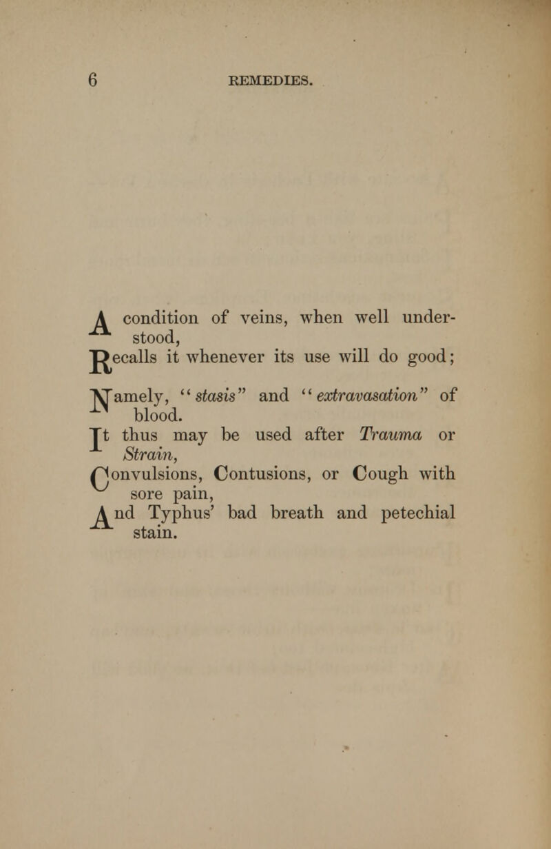 A condition of veins, when well under- stood, J^ecalls it whenever its use will do good; gamely, stasis and extravasation of ^ blood. Tt thus may be used after Trauma or Strain, (Convulsions, Contusions, or Cough with sore pain, A nd Typhus' bad breath and petechial stain.