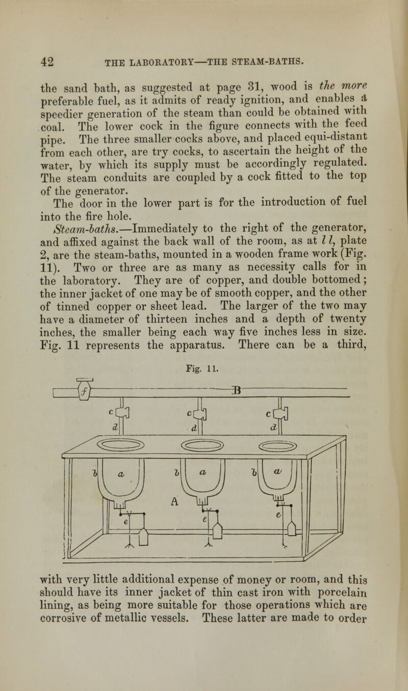 the sand bath, as suggested at page 31, wood is the more preferable fuel, as it admits of ready ignition, and enables A speedier generation of the steam than could be obtained with coal. The lower cock in the figure connects with the feed pipe. The three smaller cocks above, and placed equi-distant from each other, are try cocks, to ascertain the height of the water, by which its supply must be accordingly regulated. The steam conduits are coupled by a cock fitted to the top of the generator. The door in the lower part is for the introduction of fuel into the fire hole. Steam-baths.—Immediately to the right of the generator, and affixed against the back wall of the room, as at 11, plate 2, are the steam-baths, mounted in a wooden frame work (Fig. 11). Two or three are as many as necessity calls for in the laboratory. They are of copper, and double bottomed; the inner jacket of one may be of smooth copper, and the other of tinned copper or sheet lead. The larger of the two may have a diameter of thirteen inches and a depth of twenty inches, the smaller being each way five inches less in size. Fig. 11 represents the apparatus. There can be a third, Fig. n. with very little additional expense of money or room, and this should have its inner jacket of thin cast iron with porcelain lining, as being more suitable for those operations which are corrosive of metallic vessels. These latter are made to order