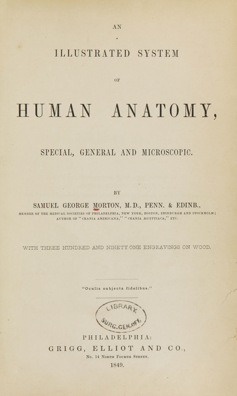AN ILLUSTKATED SYSTEM OF HUMAN ANATOMY. SPECIAL, GENERAL AND MICROSCOPIC. BY SAMUEL GEORGE MORTON, M.D., PENN. & EDINB., MEMBER OF THE MEDICAL SOCIETIES OF PHILADELPHIA, NEW YORK, BOSTON, EDINBURGH AND STOCKHOLM; AUTHOR OF CRANIA AMERICANA,  CRANIA jEGYrTIACA, ETC. WITH THREE HUNDRED AND NINETY ONE ENGRAVINGS ON WOOD. Oculis subjecta fidelibus. PHILADELPHIA: GRIGG, ELLIOT AND CO, No. 14 North Fourth Street. 1849.