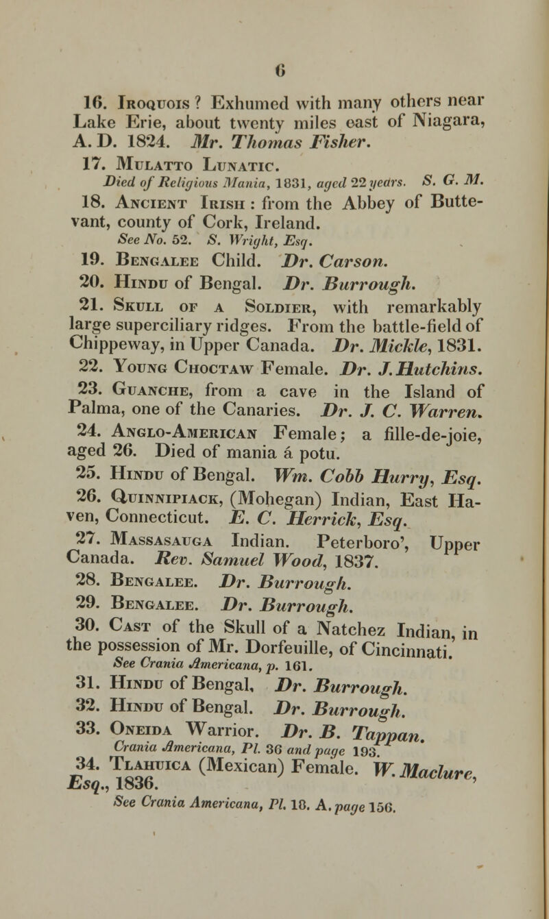 16. Iroquois ? Exhumed with many others near Lake Erie, about twenty miles east of Niagara, A. D. 1824. Mr. Thomas Fisher. 17. Mulatto Lunatic. Died of Religious Mania, 1831, aged llyectrs. S. G. M. 18. Ancient Irish : from the Abbey of Butte- vant, county of Cork, Ireland. See No. 52. S. Wright, Esq. 19. Bengalee Child. Dr. Carson. 20. Hindu of Bengal. Dr. Burrough. 21. Skull of a Soldier, with remarkably large superciliary ridges. From the battle-field of Chippeway, in Upper Canada. Dr. Mickle, 1831. 22. Young Choctaw Female. Dr. J.Hutchins. 23. Guanche, from a cave in the Island of Palma, one of the Canaries. Dr. J. C. Warren. 24. Anglo-American Female; a fille-de-joie, aged 26. Died of mania a potu. 25. Hindu of Bengal. Wm. Cobb Hurry, Esq. 26. Quinnipiack, (Mohegan) Indian, East Ha- ven, Connecticut. E. C. Herrick, Esq. 27. Massasauga Indian. Peterboro', Upper Canada. Rev. Samuel Wood, 1837. 28. Bengalee. Dr. Burrough. 29. Bengalee. Dr. Burrough. 30. Cast of the Skull of a Natchez Indian in the possession of Mr. Dorfeuille, of Cincinnati.' See Crania Americana, p. 161. 31. Hindu of Bengal, Dr. Burrough. 32. Hindu of Bengal. Dr. Burrough. 33. Oneida Warrior. Dr. B. Tappan. Crania Americana, PI. 36 and page 193 **• Too?UICA (Mexican) Femal*. W.Maclure, Jbsq., 18J5.