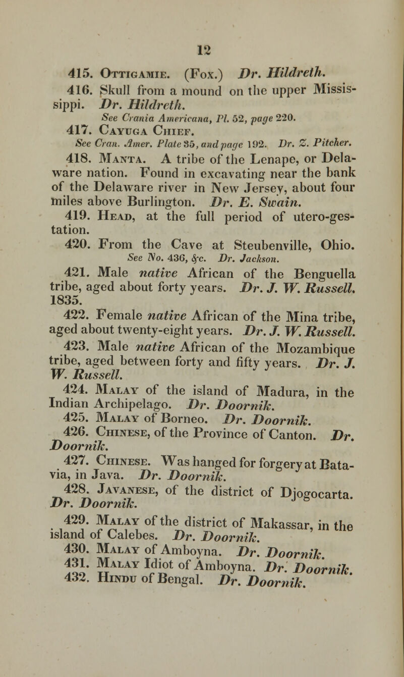 415. Ottigamie. (Fox.) Dr. Hildreth. 416. Skull from a mound on the upper Missis- sippi. Dr. Hildreth. See Crania Americana, PI. 52, page 220. 417. Cayuga Chief. See Cran. Amer. Plate 85, and page 192. Br. Z. Pitcher. 418. Manta. A tribe of the Lenape, or Dela- ware nation. Found in excavating near the bank of the Delaware river in New Jersey, about four miles above Burlington. Dr. E. Swain. 419. Head, at the full period of utero-ges- tation. 420. From the Cave at Steubenville, Ohio. See No. 430, fyc. Dr. Jackson. 421. Male native African of the Benguella tribe, aged about forty years. Dr. J. W. Russell. 1835. 422. Female native African of the Mina tribe, aged about twenty-eight years. Dr. J. W. Russell. 423. Male native African of the Mozambique tribe, aged between forty and fifty years. Dr. J. W. Russell. 424. Malay of the island of Madura, in the Indian Archipelago. Dr. Doornik. 425. Malay of Borneo. Dr. Doornik. 426. Chinese, of the Province of Canton. Dr. Doornik. 427. Chinese. Was hanged for forgery at Bata- via, in Java. Dr. Doornik. 428. Javanese, of the district of Djogocarta. Dr. Doornik. 429. Malay of the district of Makassar, in the island of Calebes. Dr. Doornik. 430. Malay of Amboyna. Dr. Doornik 431. Malay Idiot of Amboyna. Dr. Doornik. 432. Hindu of Bengal. Dr. Doornik.